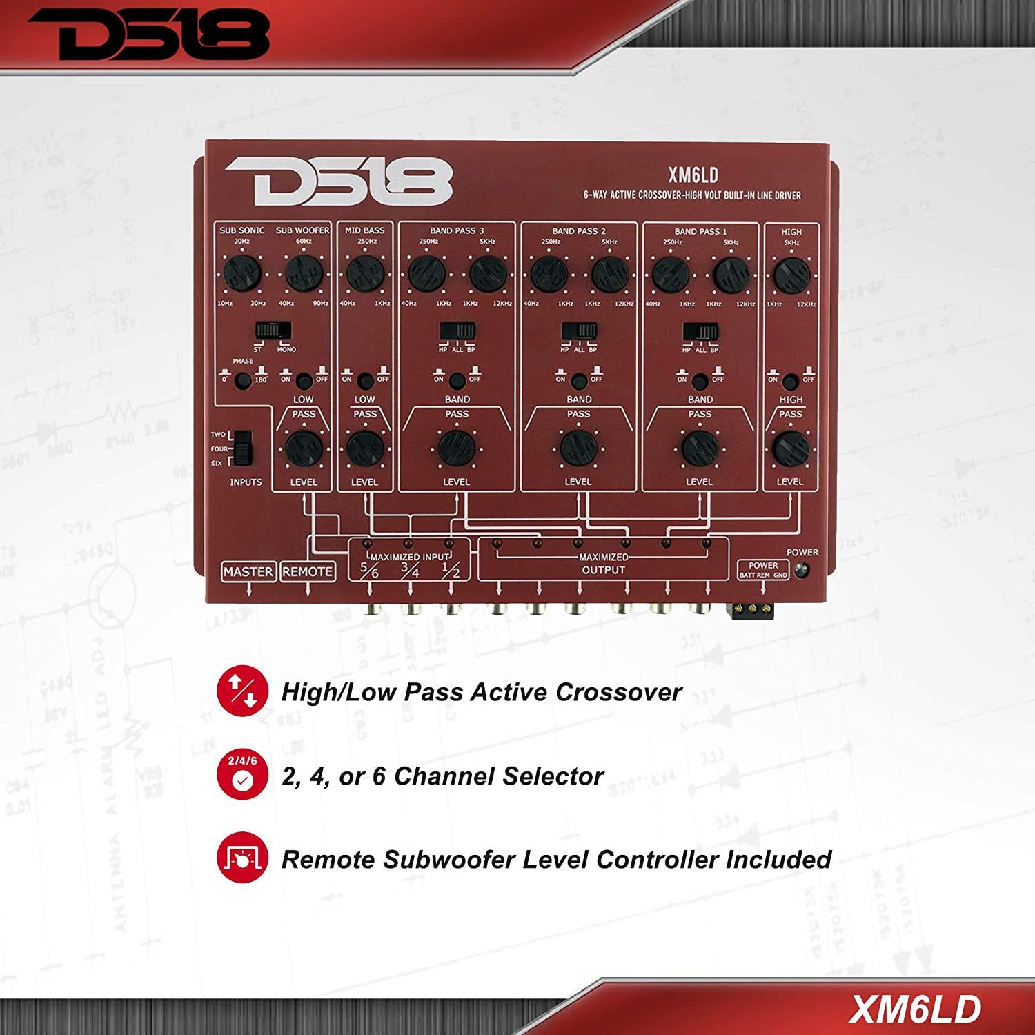 DS18, DS18 XM6LD 6-Way Active Crossover - High/Low Pass, 2, 4, or 6 Channel Selector, with Remote Subwoofer Control - Perfect Frequency Distribution System Ensures Clarity and Peak Efficiency