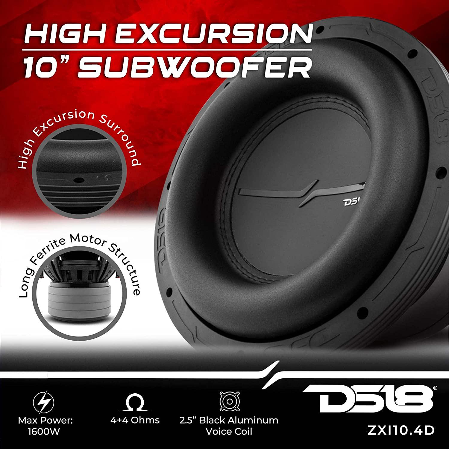 DS18, DS18 ZXI10.4D 10 Inches High Excursion Car Audio Subwoofer 1600W Watts Dual Voice Coil 4-Ohm 4 Magnets (1 Speaker), Black