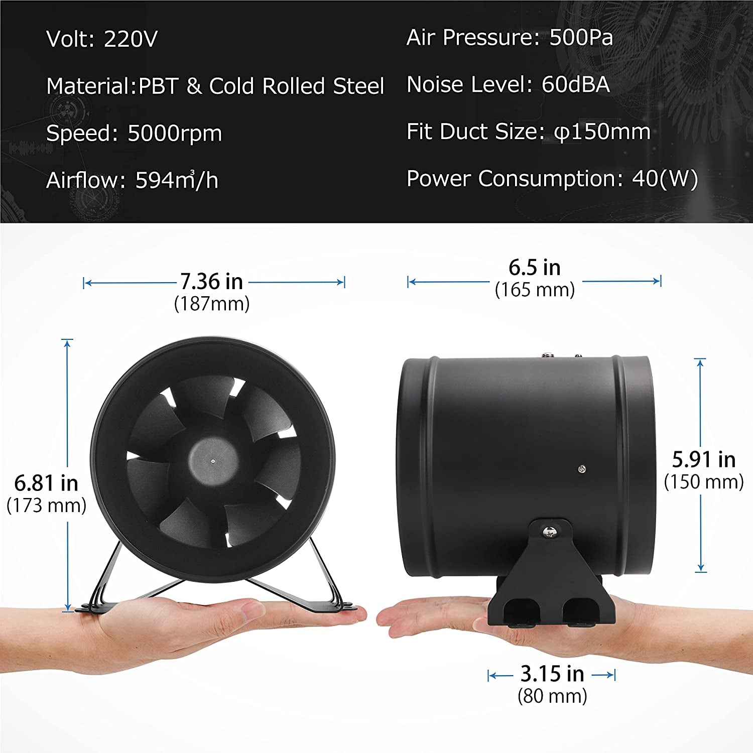 DUCTURBO, DUCTURBO 6 Inch Inline Duct Fans, 350 CFM Ventilation Exhaust Fan Ideal for Indoor Heating Cooling Transfer or Grow Tents Air Boosting, with Variable Speed Controller
