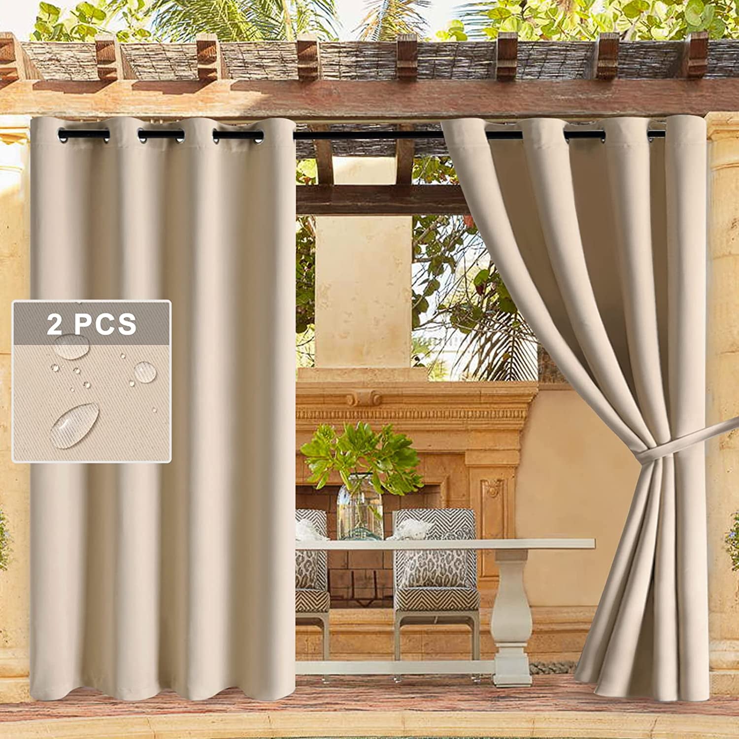 DWCN, DWCN Waterproof Outdoor Curtains for Patio - 52 X 95 Inches Long, Indoor Outdoor Thermal Insulated, Sun Blocking Grommet Blackout Curtains for Bedroom, Pergola, Porch and Cabana, Silver Grey, 2 Panels