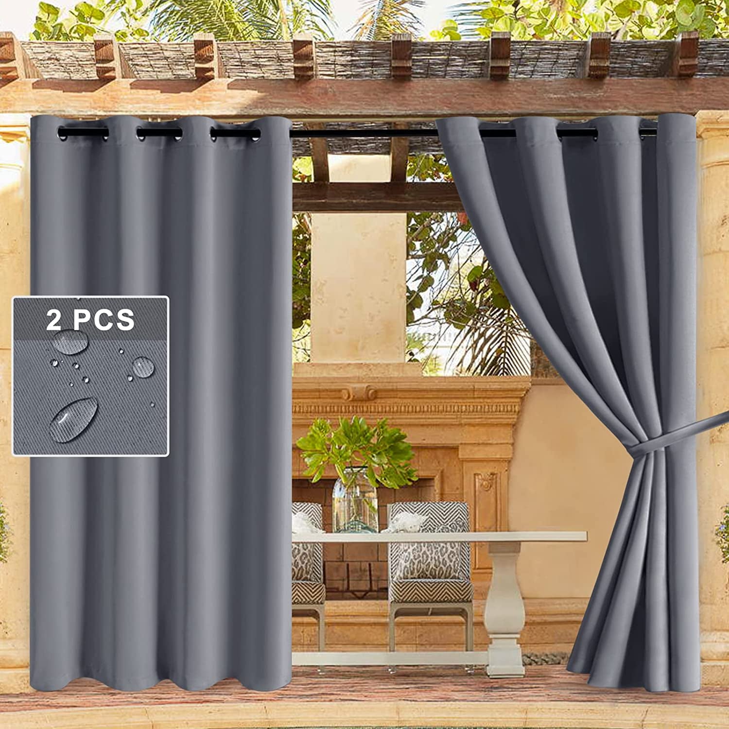 DWCN, DWCN Waterproof Outdoor Curtains for Patio - Indoor Outdoor Thermal Insulated, Sun Blocking Grommet Blackout Curtains for Bedroom, Pergola, Porch and Cabana, Grey, 52 X 108 Inches Long, 2 Panels