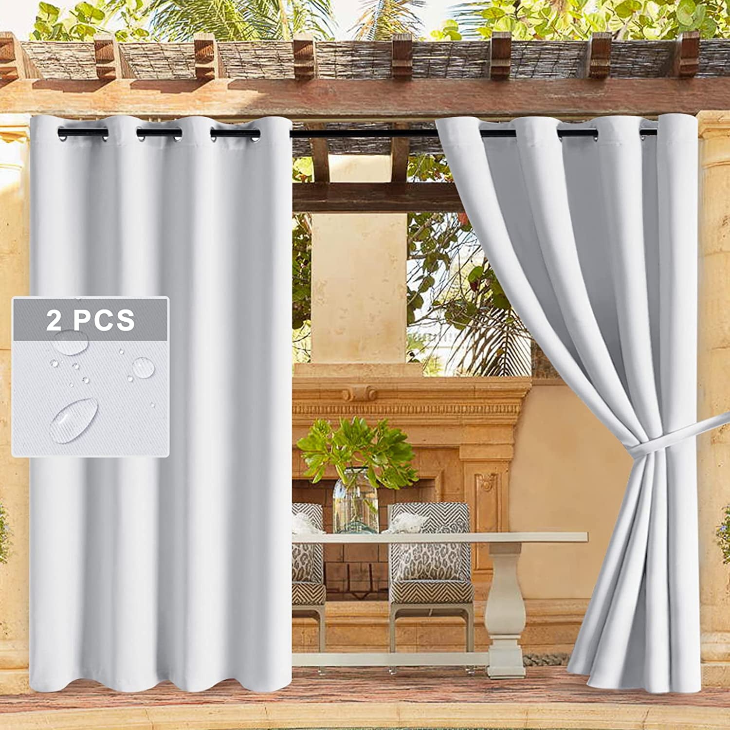DWCN, DWCN Waterproof Outdoor Curtains for Patio -Indoor Outdoor Thermal Insulated, Sun Blocking Grommet Blackout Curtains for Bedroom, Pergola, Porch and Cabana, White, 52 X 84 Inches Long, 2 Panels
