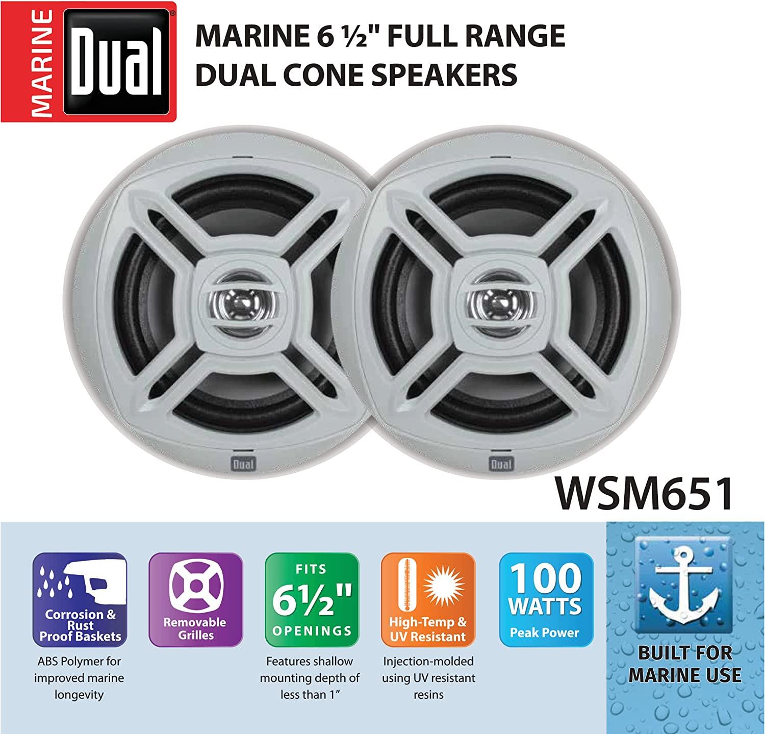 Dual Electronics, Dual Electronics WSM651 Two 6.5 inch Water Resistant Dual Cone High Performance Marine Speakers with 100 Watts of Peak Power