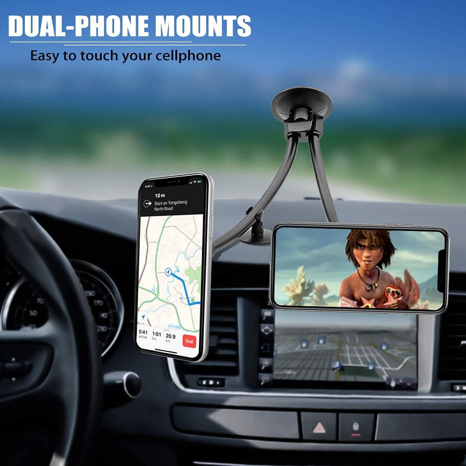 EXSHOW, Dual Magnetic Car Phone Mount, EXSHOW Gooseneck Car Phone Holder for Truck Windshield and Dashboard with 3M/Stabilizer, Dual Long Arm Phone Mount Compatible with iPhone Galaxy All Smart Cell Phones