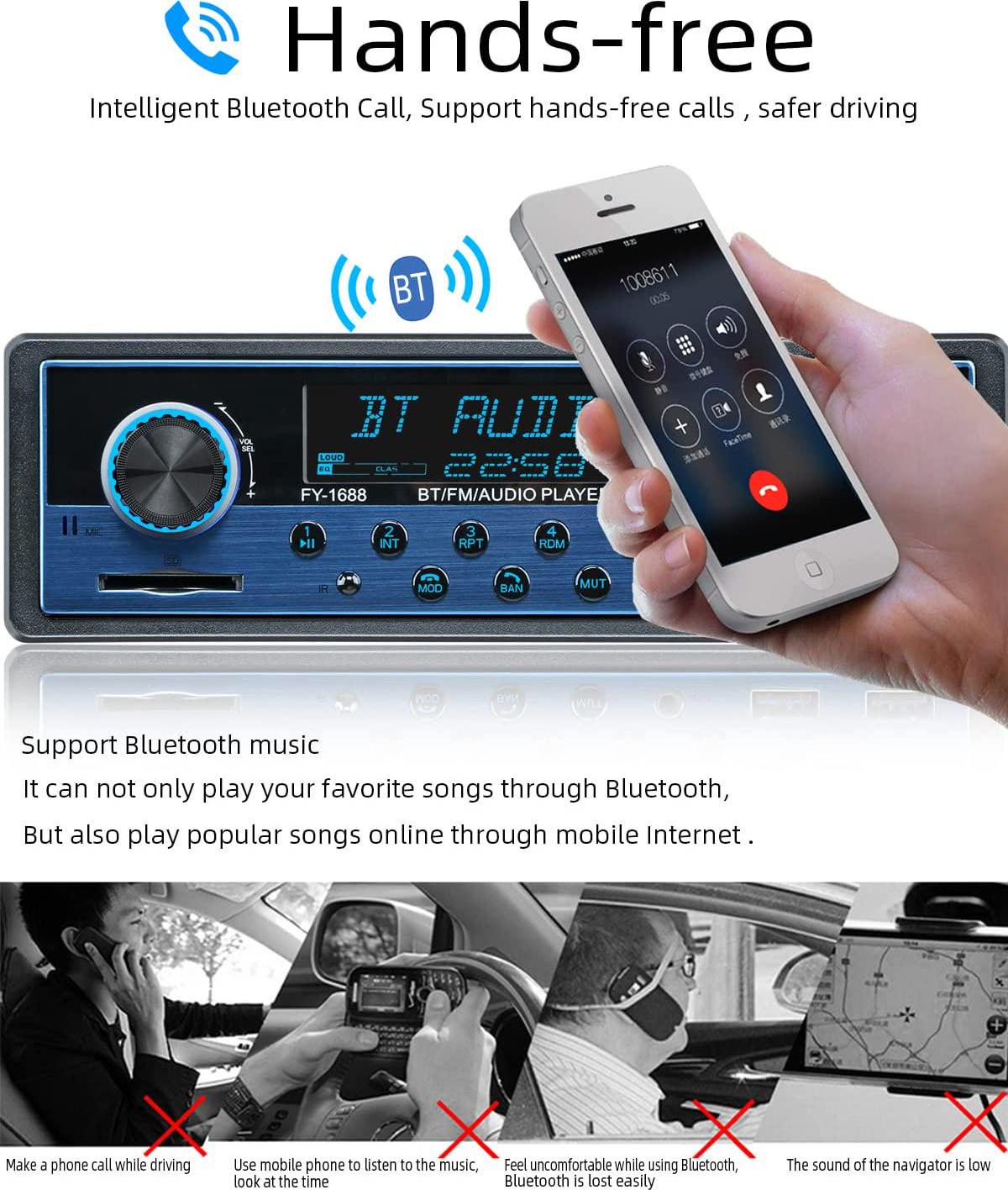 FYPLAY, Dual USB Bluetooth Car Stereo, FM Radio Receiver, Hands-Free Calling, Built-in Microphone, USB/SD/AUX Port, Sky Blue Dual Knob Audio Car Multimedia MP3 Player, USB Fast Charging