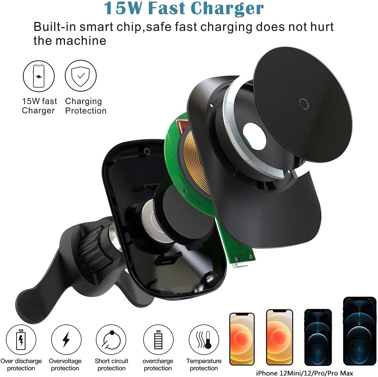 E EGOWAY, E EGOWAY Magnetic Wireless Car Charger Mount, 15W Qi Fast Charging Stand Automobile Phone Holder Compatible with i-Phone 12/12 Mini/12 Pro/12 Pro MAX Samsung S10 S9 (Black)
