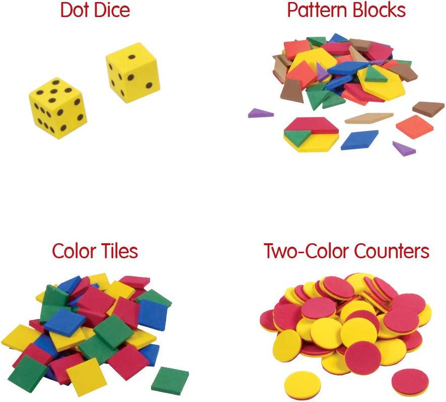 EAI Education, EAI Education School to Home Deluxe Manipulative Kit with Dice, Counters, Geometric Solids, Pattern Blocks, Color Tiles and Linking Cubes - Grade K (184 Pieces)