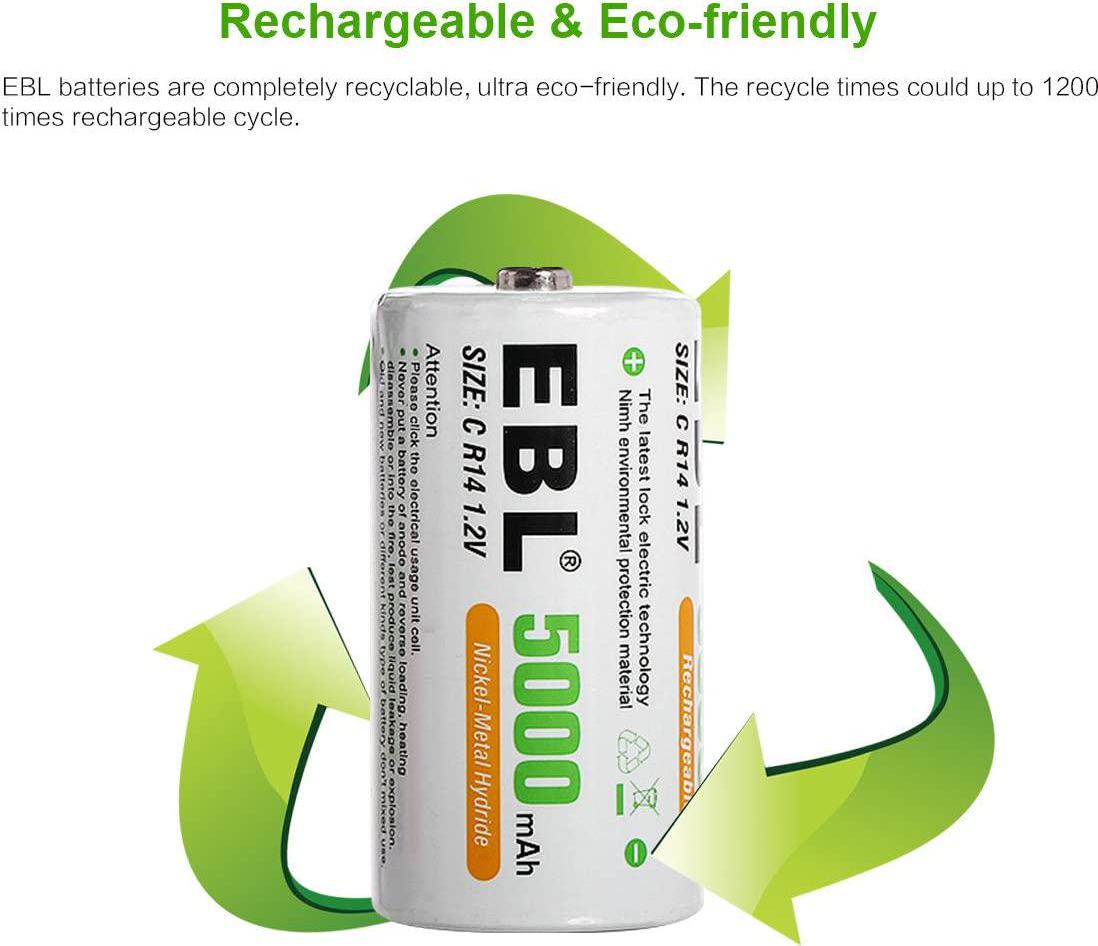 EBL, EBL 5000mAh High Capacity Ni-MH Rechargeable C Batteries, 4 Pack (Battery Case Included)