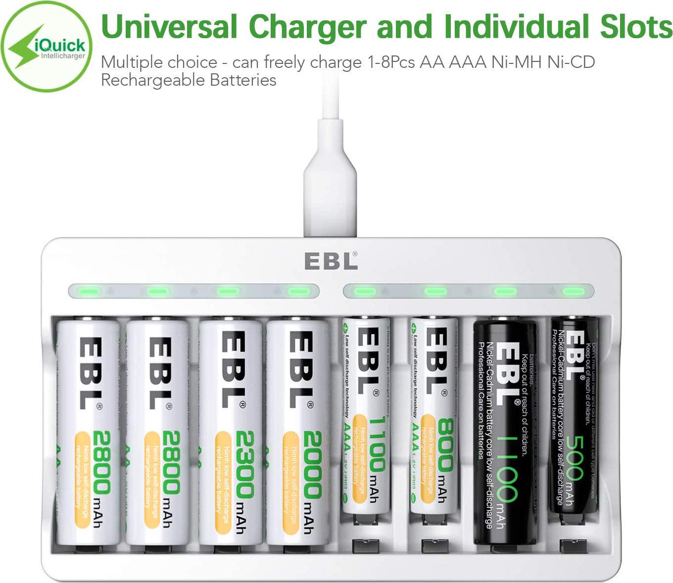 EBL, EBL 8 Slots AA AAA Battery Charger and 4 AA and 4 AAA Rechargeable Batteries - 5V 2A Fast Charging Battery Charger and Battery Sets