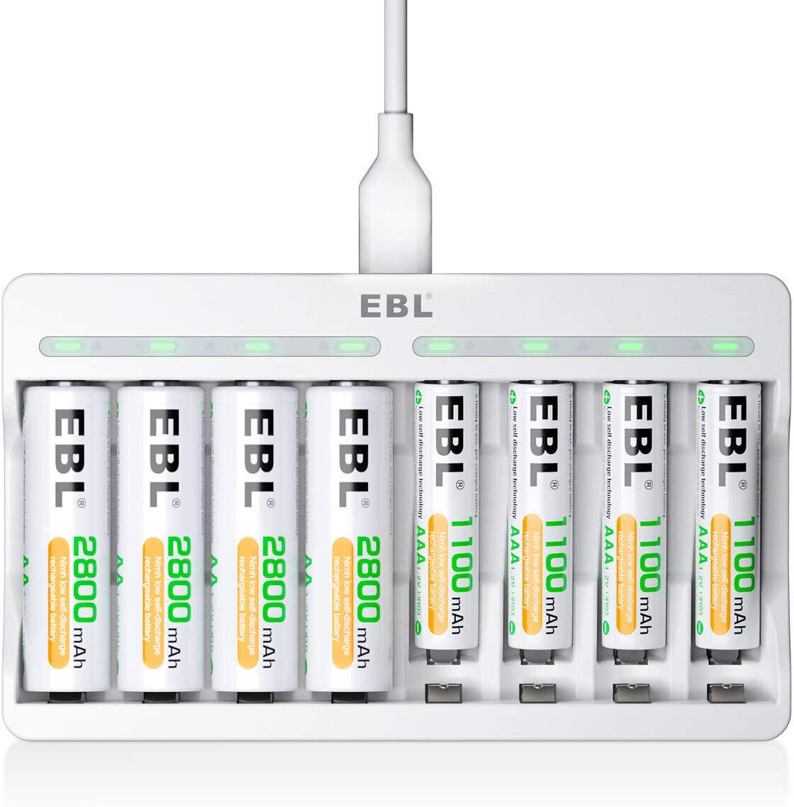 EBL, EBL 8 Slots AA AAA Battery Charger and 4 AA and 4 AAA Rechargeable Batteries - 5V 2A Fast Charging Battery Charger and Battery Sets
