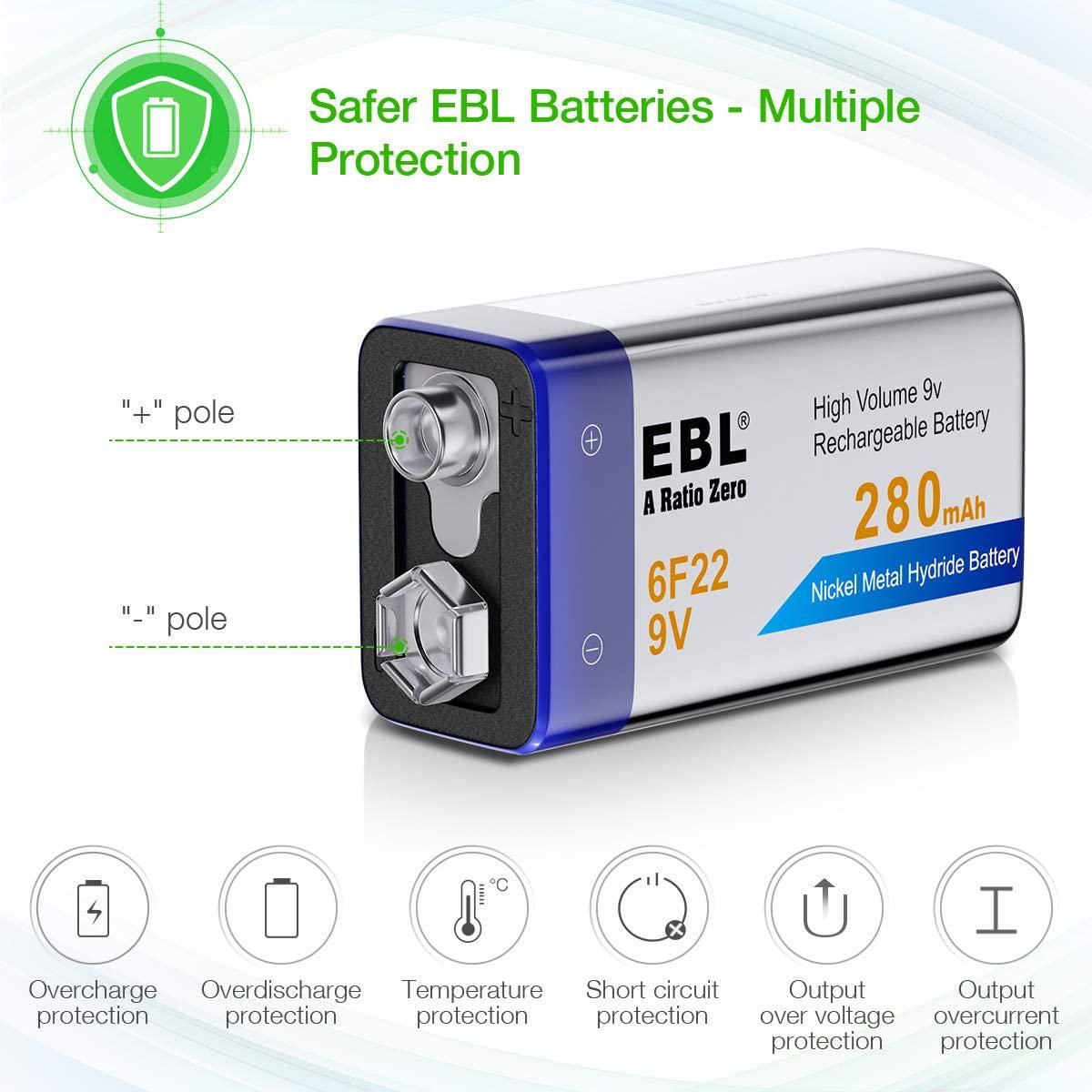 EBL, EBL 9V Rechargeable Batteries NiMH 280mAh 9V Battery for Smoke Alarm Detector, 4-Packs