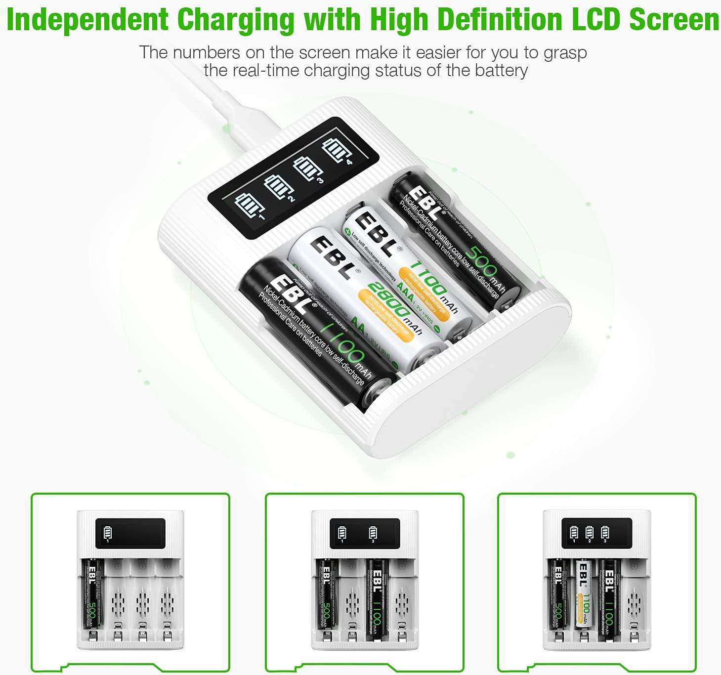 EBL, EBL FY-409 AA AAA Battery Charger 4 Slots LCD Charger for AA AAA Rechargeable Batteries with Type C and Micro USB Input, Intelligent Fast Charger