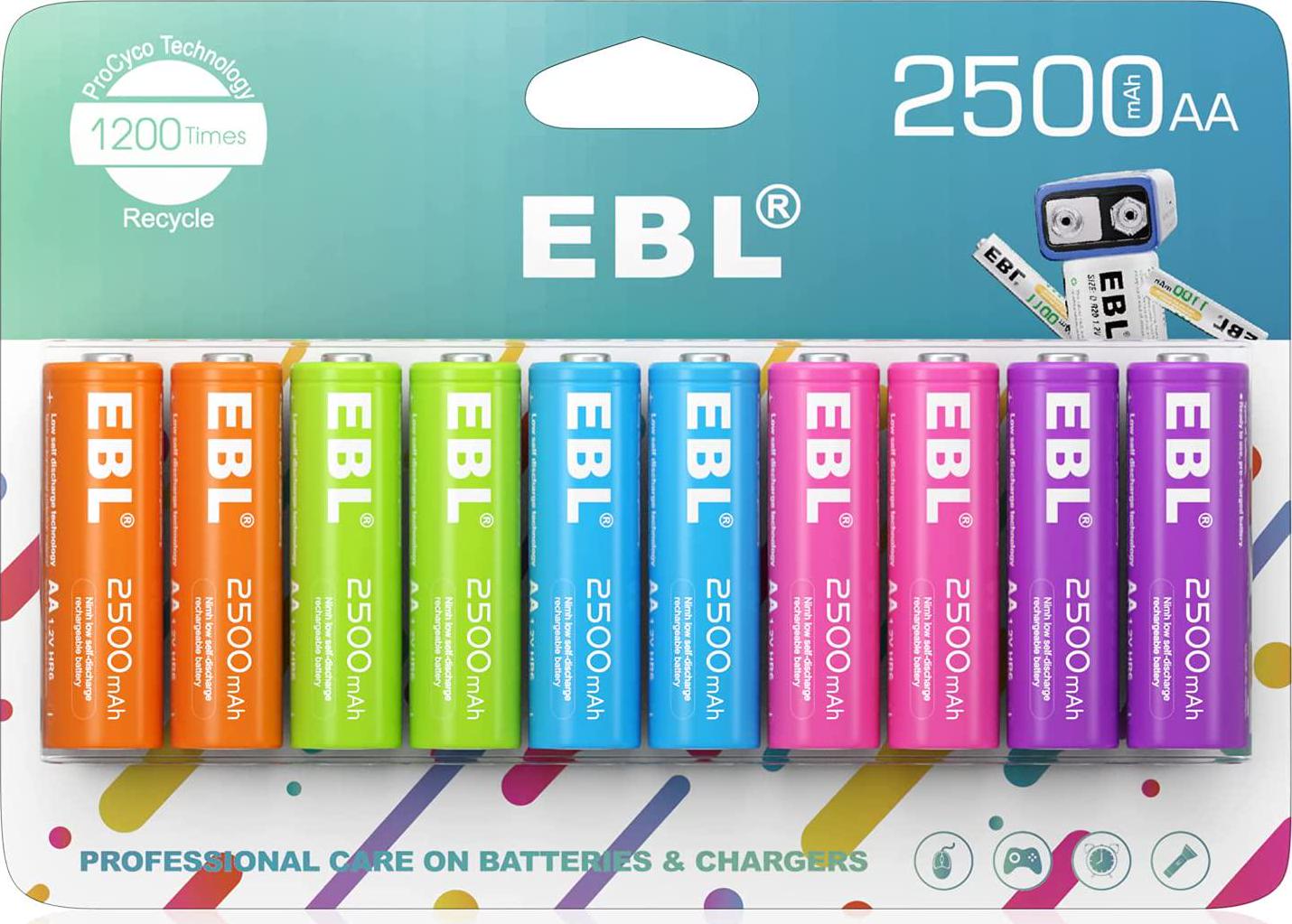 EBL, EBL Rechargeable AA Batteries 2500mAh 1.2V Pre-Charged Ni-MH Double AA Battery Color 1200 Cycles Long Lasting, 10 Pack