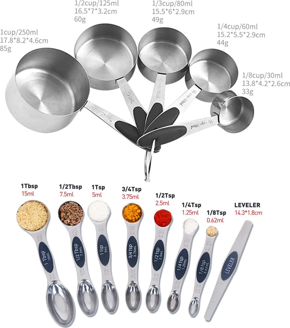 Edelin, EDELIN Measuring Cups and Magnetic Measuring Spoons Set, Stainless Steel 5 Measuring Cups, 7 Double Sided Stackable Magnetic Measuring Spoons, 1 Level, Set of 13 for Dry and Liquid Ingredients