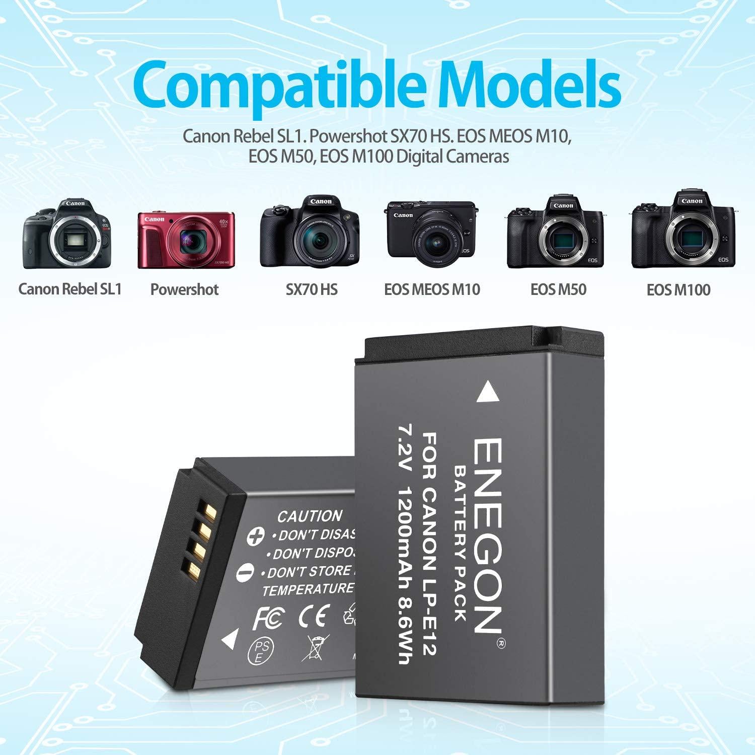 ENEGON, ENEGON 2-Pack LP-E12 Batteries (1200mAh) and Smart LCD Charger for Canon EOS M, M2, M10, M50, EOS M50 Mark II, EOS M100 EOS, M200 Rebel SL1, PowerShot SX70 HS Rebel SL1 Digital Cameras
