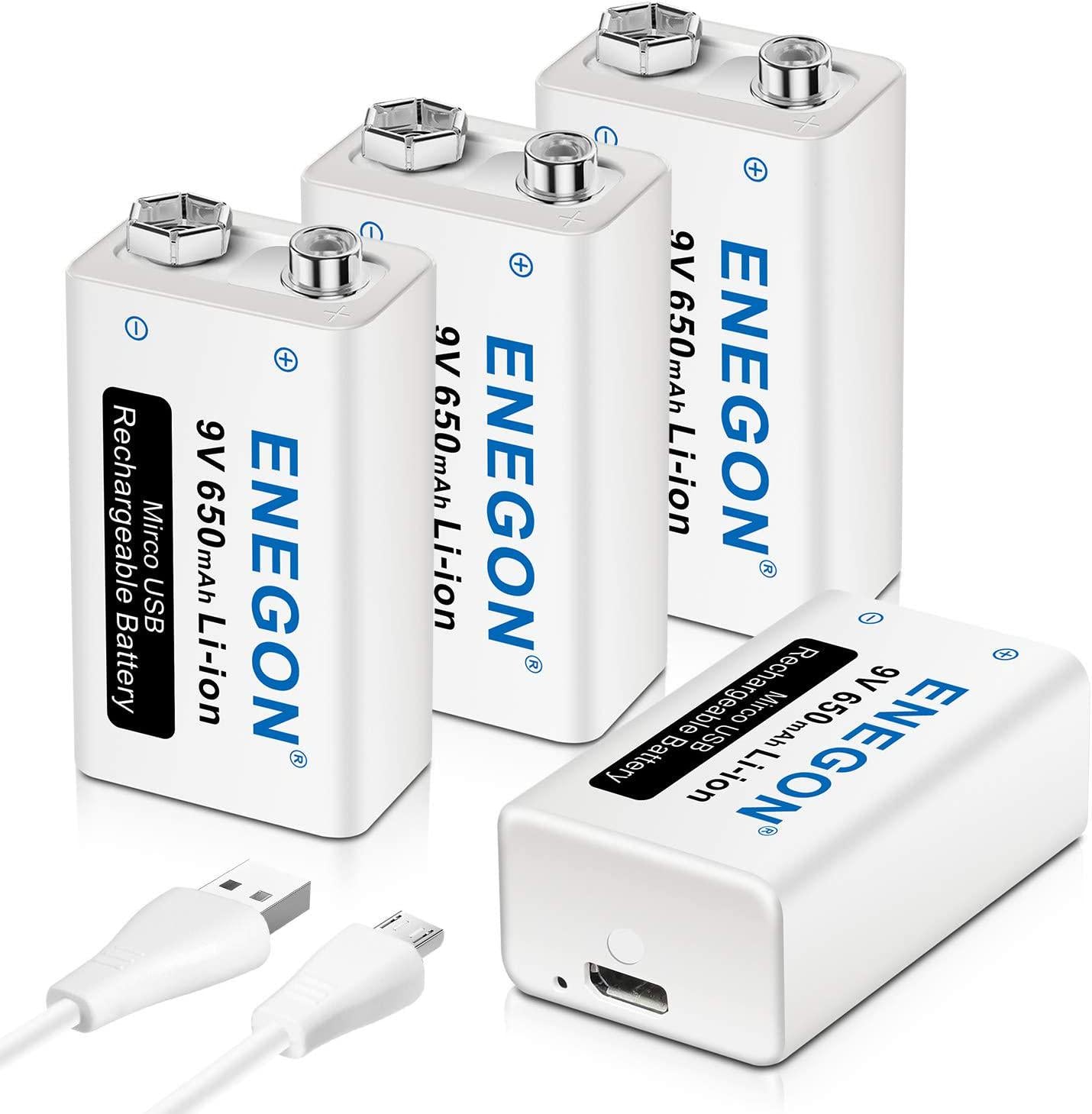 ENEGON, ENEGON 9V Direct USB Rechargeable Lithium-ion 650mAh Batteries with 2 in 1 Micro USB Cable for Micro Phone, Smoke Alarms, Electronic Toys, Walkie-Talkie and More Devices (4-Pack)