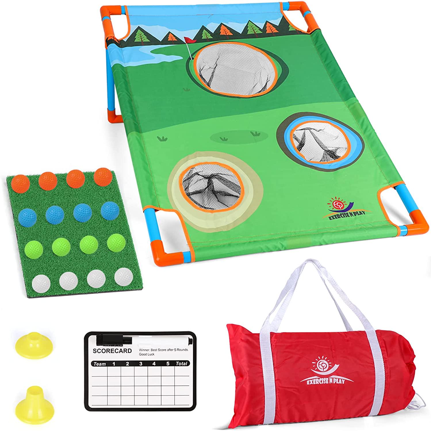 EP EXERCISE N PLAY, EP EXERCISE N PLAY Backyard Golf Cornhole Game Kit, Golf Practice Chipping Game with Chipping Target, 16 Balls, Hitting Mat, 2 Tees, Scoreboard, Carry Bag Best Outdoor Golf Gift for Adult and Kids