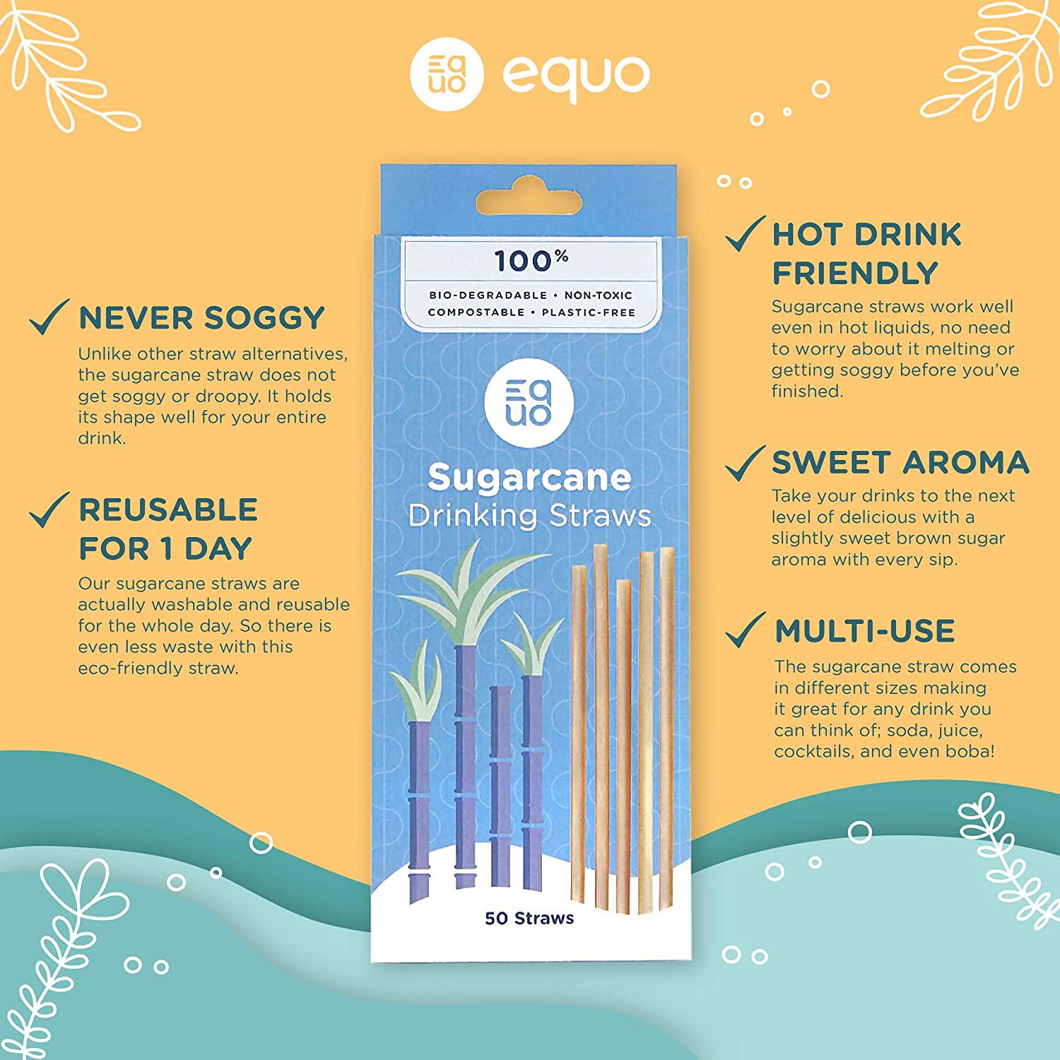 Equo, EQUO Sugarcane Straws, Disposable, Biodegradable, Compostable, and Plastic-Free Drinking Straws, Pack of 50, Standard
