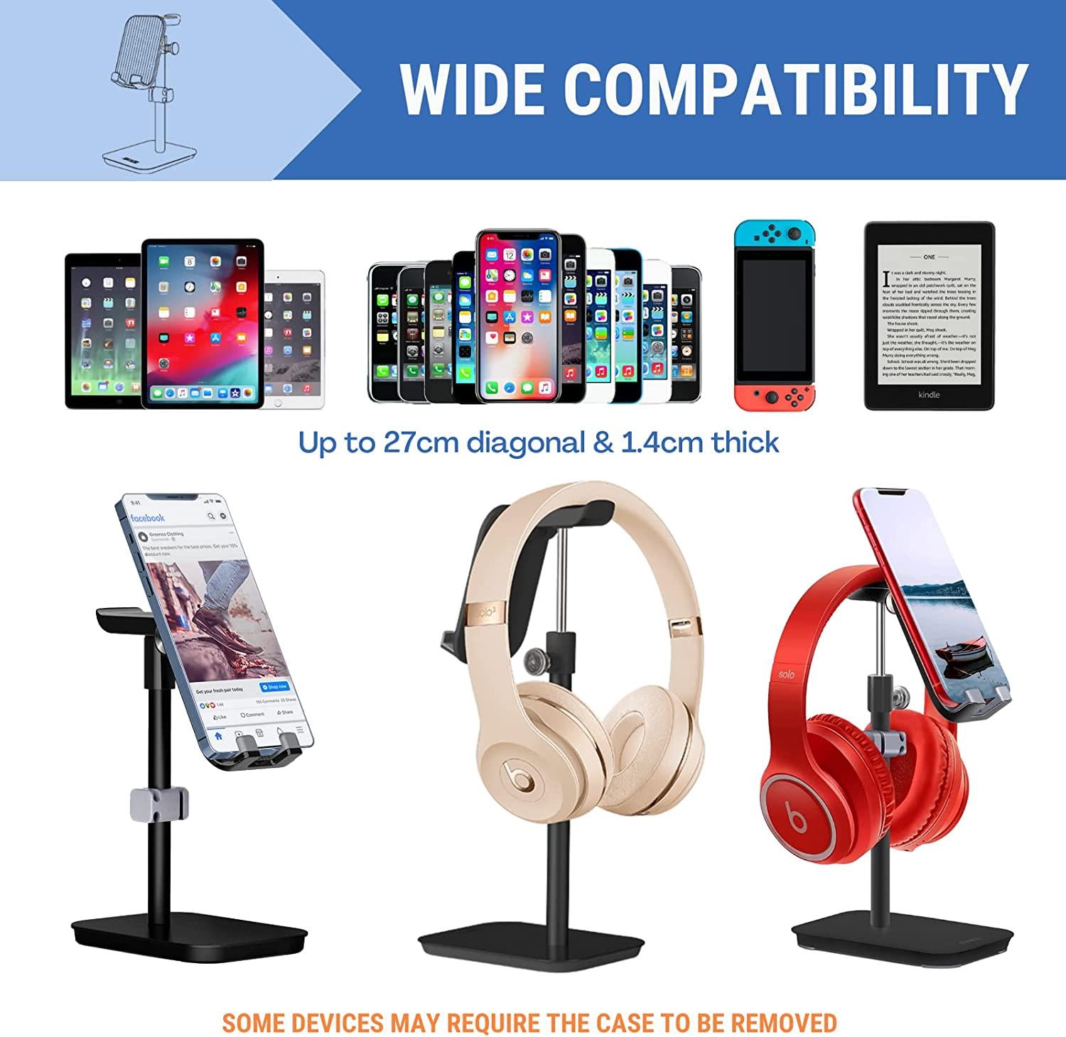 Esolei, ESOLEI Ergonomic Phone Stand Headphone Stand - Relieves Eye Neck Strain | Rotates 360° | Adjustable Angle 23-55° and Height to 26cm | Sturdy iPad Stand with Weighted Metal Base (Black)