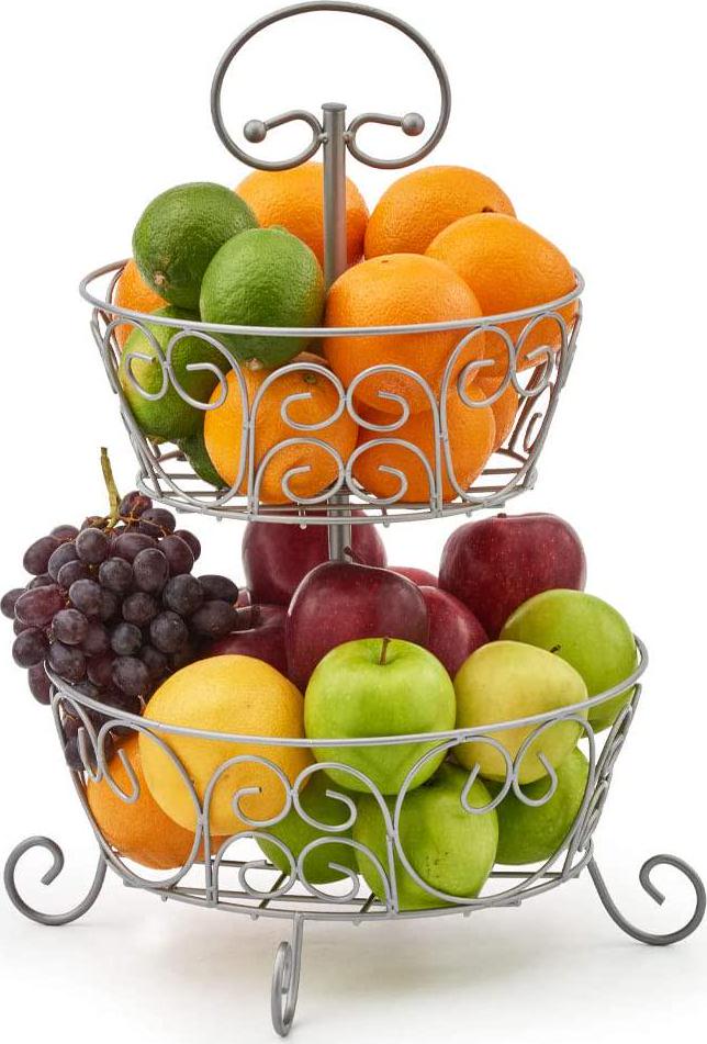 EZOWare, EZOWare 2-Tier Fruit Rack Bowl Stand, Round Kitchen Produce Countertop Display Holder - Storage Organiser for Fruits Veggies Snacks Household Items - Silver Metal