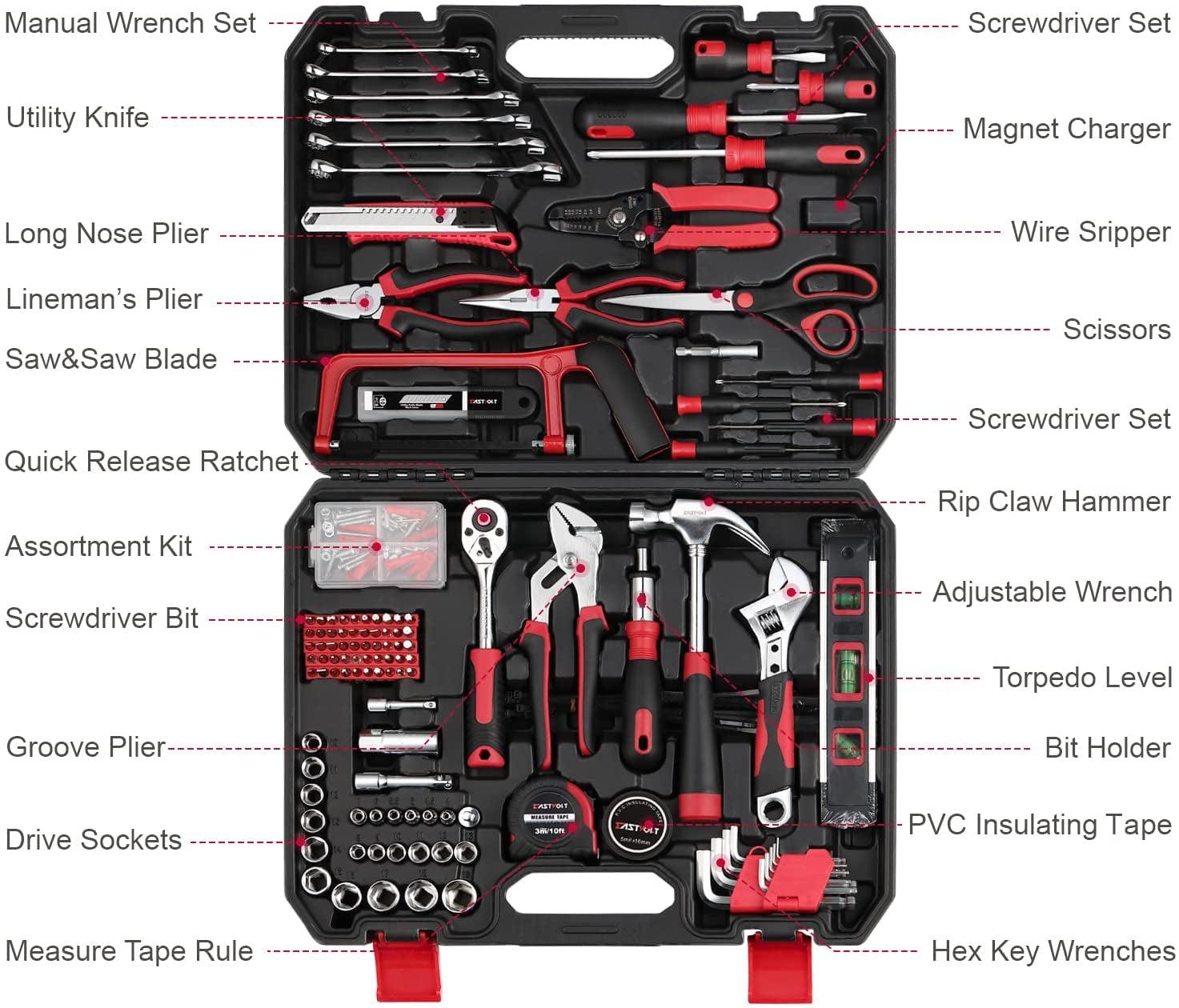 Eastvolt, Eastvolt 218-Piece Household Tool Kit, Auto Repair Tool Set, Tool Kits for Homeowner, General Household Hand Tool Set with Hammer, Plier, Screwdriver Set, Socket Kit and Toolbox Storage Case.