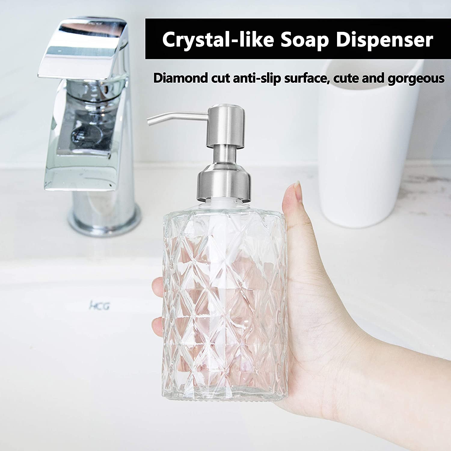 Easy-Tang, Easy-Tang 12Oz/330Ml Clear Glass Soap Dispenser - Refillable Wash Hand Liquid, Dish Detergent, Shampoo Lotion Bottle with Brushed Nickel Pump, Ideal for Bathroom Countertop, Kitchen Sink (Clear)
