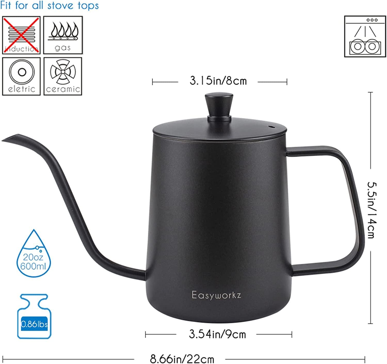Easyworkz, Easyworkz Gage Pour Over Kettle Stainless Steel Gooseneck Long Narrow Drip Spout Coffee Tea Pot 600ml