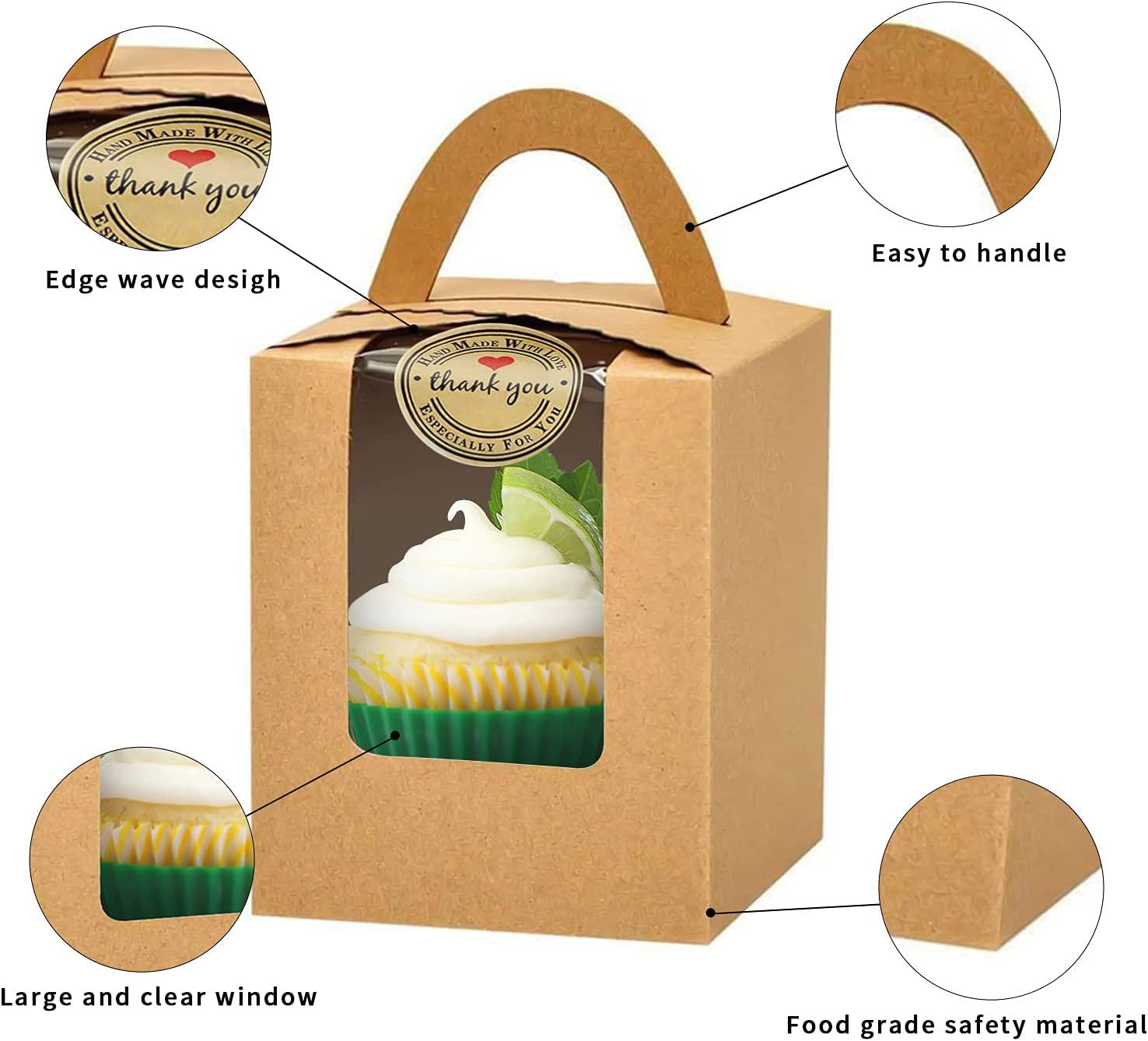 Eco Forever, Eco Forever [50 Pack] Single Cupcake Box, for Birthday Wedding Baby Shower Party, Holds Cookies Muffin Candy Pastry Individual, Gift Treat Boxes with Window Handle[Brown]