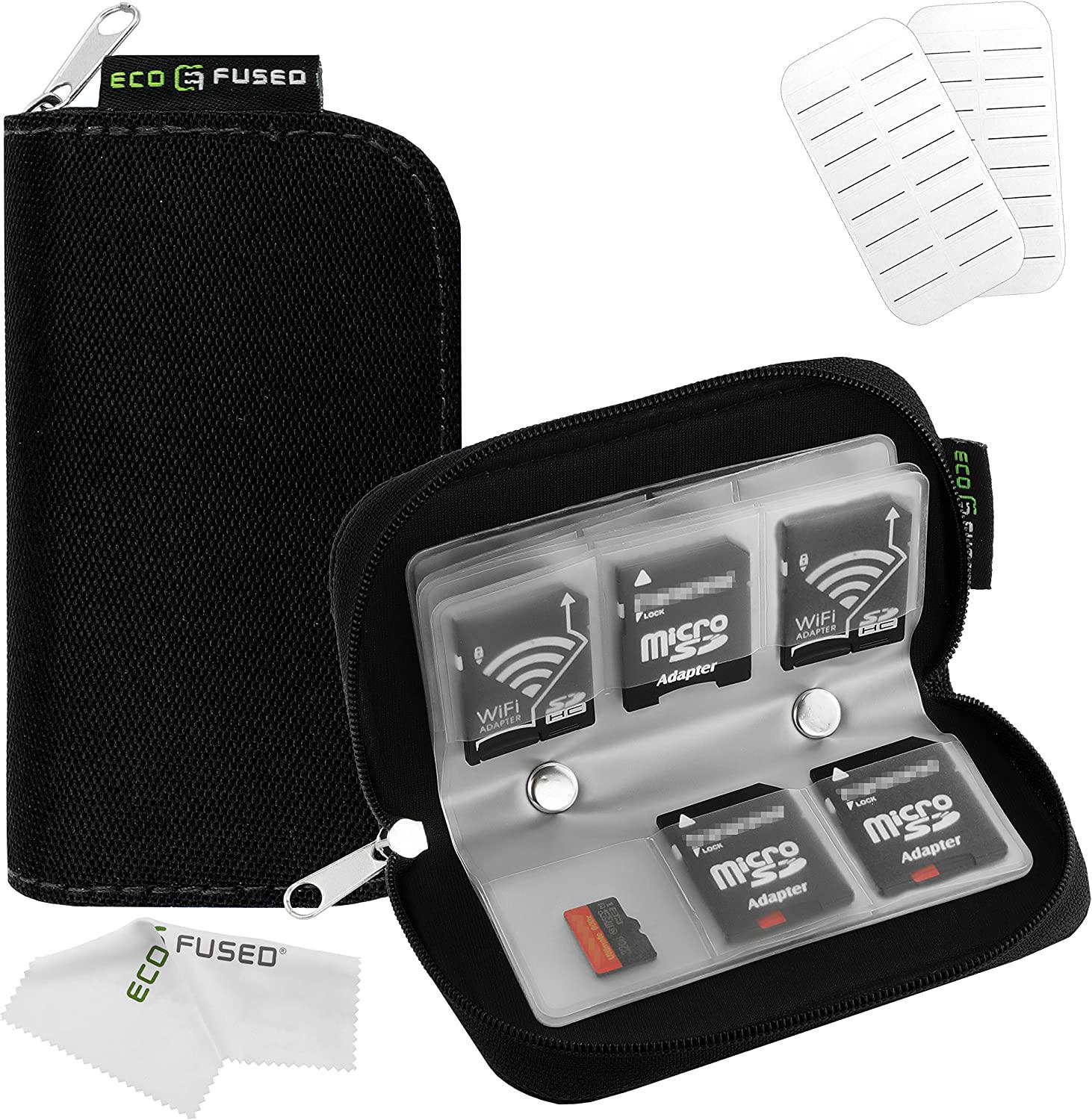 Eco-Fused, Eco-Fused Memory Card Carrying Case - Suitable for Sdhc and SD Cards - 8 Pages and 22 Slots - Microfiber Cleaning Cloth Included Black