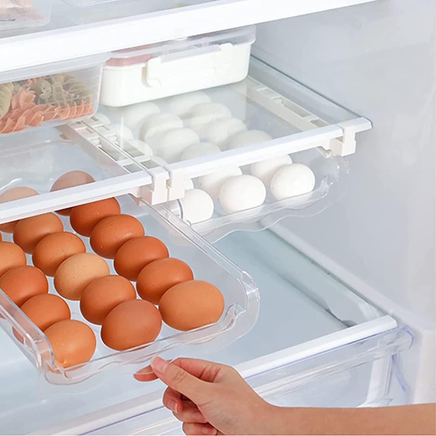 ESMAVO, Egg Holder for Refrigerator, Thicker Egg Tray BPA Free Kitchen Stackable Storage Container Tray, Pull Out Fridge Drawer Egg Organizers, Space Saver for Refrigerator
