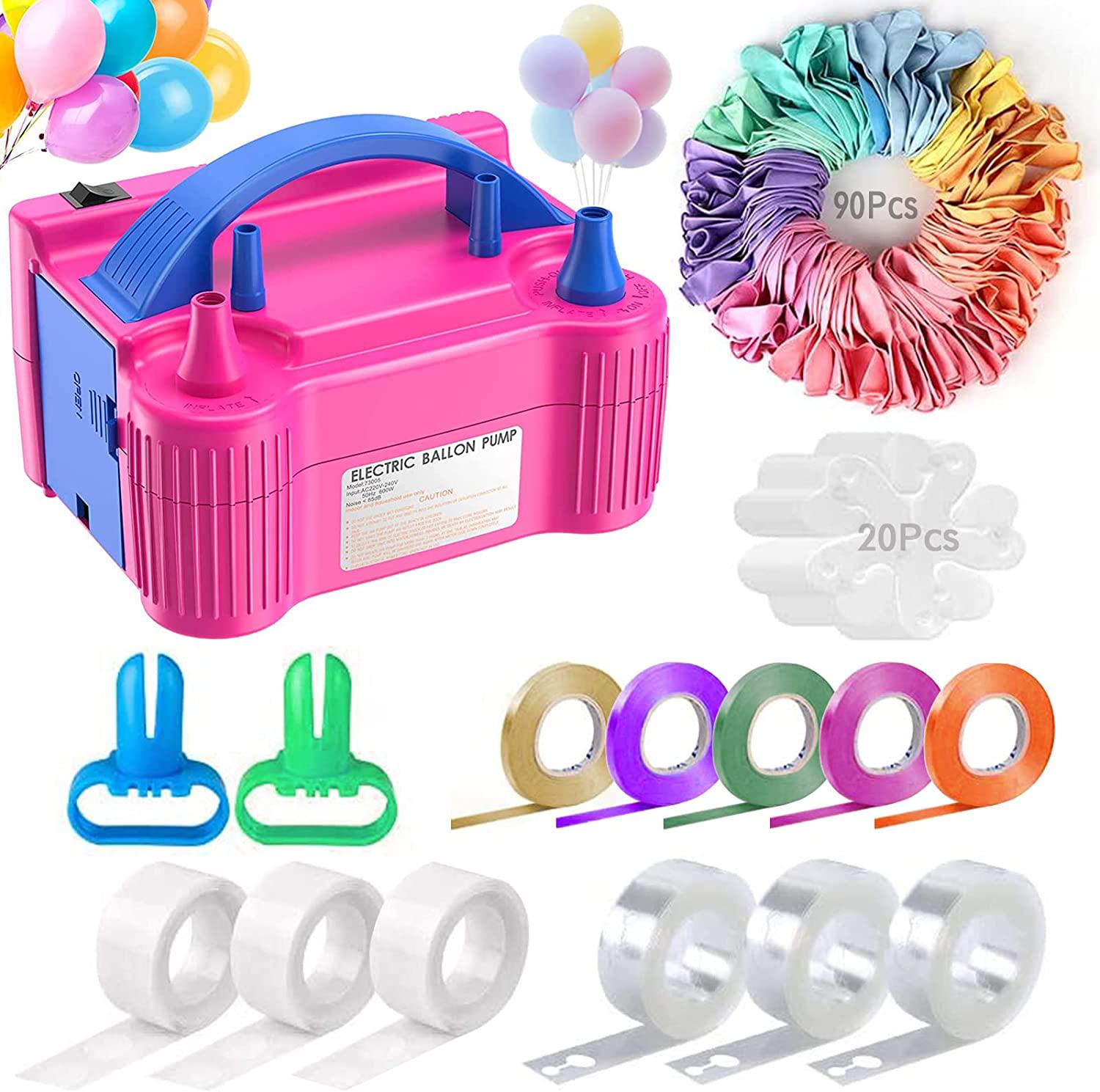 Atcdmlu, Electric Air Balloon Pump, Portable Balloon Inflator with 90 PCS Macaron Balloons, Tying Tools, 20 Flower Clips, Tape Strip and Dot Glues Balloon Blower for Garland Party Birthday Wedding Decorations
