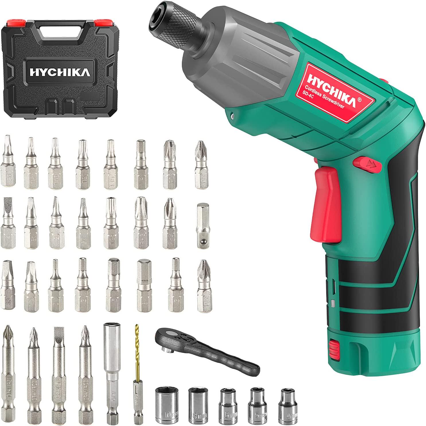 HYCHIKA BETTER TOOLS FOR BETTER LIFE, Electric Screwdriver, 6N·m Max Torque HYCHIKA Cordless Screwdriver 2000mAh 3.6V with 36 Accessories, LED Light and Rear Flashlight, Ratchet Wrench, Charging Adapter with USB Cable and Storage Box