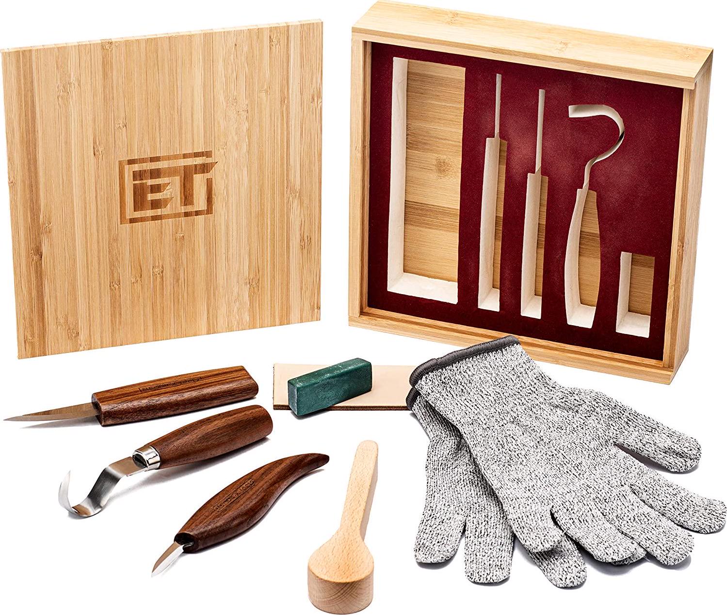 Elemental Tools, Elemental Tools 9pc Wood Carving Set - Hook Carving Knife, Whittling Knife, And Detail Wood Knife For Spoon, Bowl, Kuksa Cup Or General Woodwork - Bonus Cut Resistant Gloves And Bamboo Gift Box