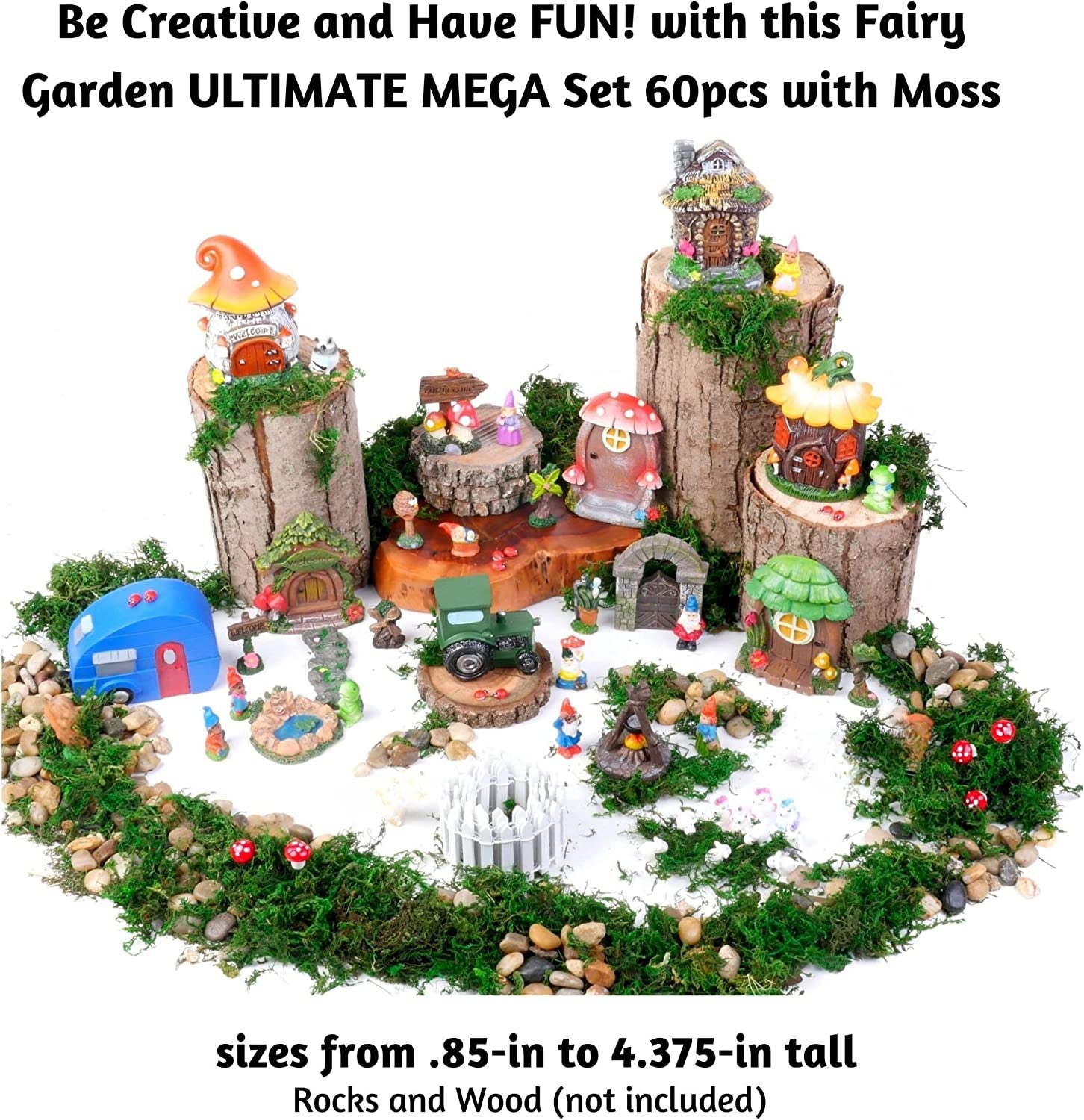 Ellie Arts, Ellie Arts Fairy Garden Kit for Kids – Fairy House Kit with 60 Pcs - Fairy Garden Accessories for Adults and Kids - Fairy Garden Miniatures – Durable Poly Resin – Includes Moss