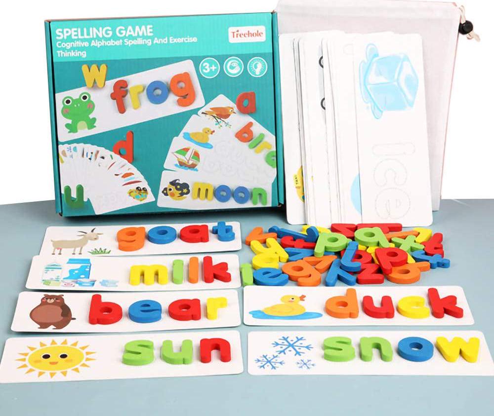 Elloapic, Elloapic Spelling Game Toys Wooden Alphabet Puzzle Toys Set ABC Learning and Spelling Skills Toys for Preschool Kids