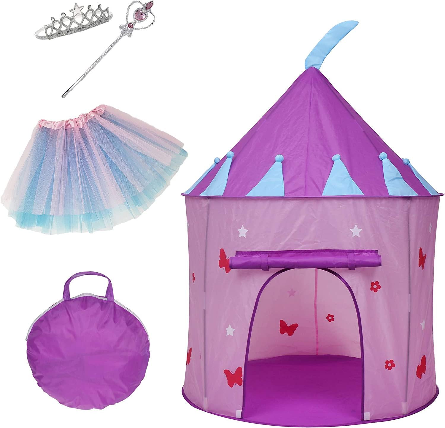 Elly & Andy, Elly and Andy Princess Castle Play Tent with Butterflies, Glow in The Dark Stars, Flowers, Bonus Skirt, Tiara, and Wand with Carrying Case, Great Indoor and Outdoor