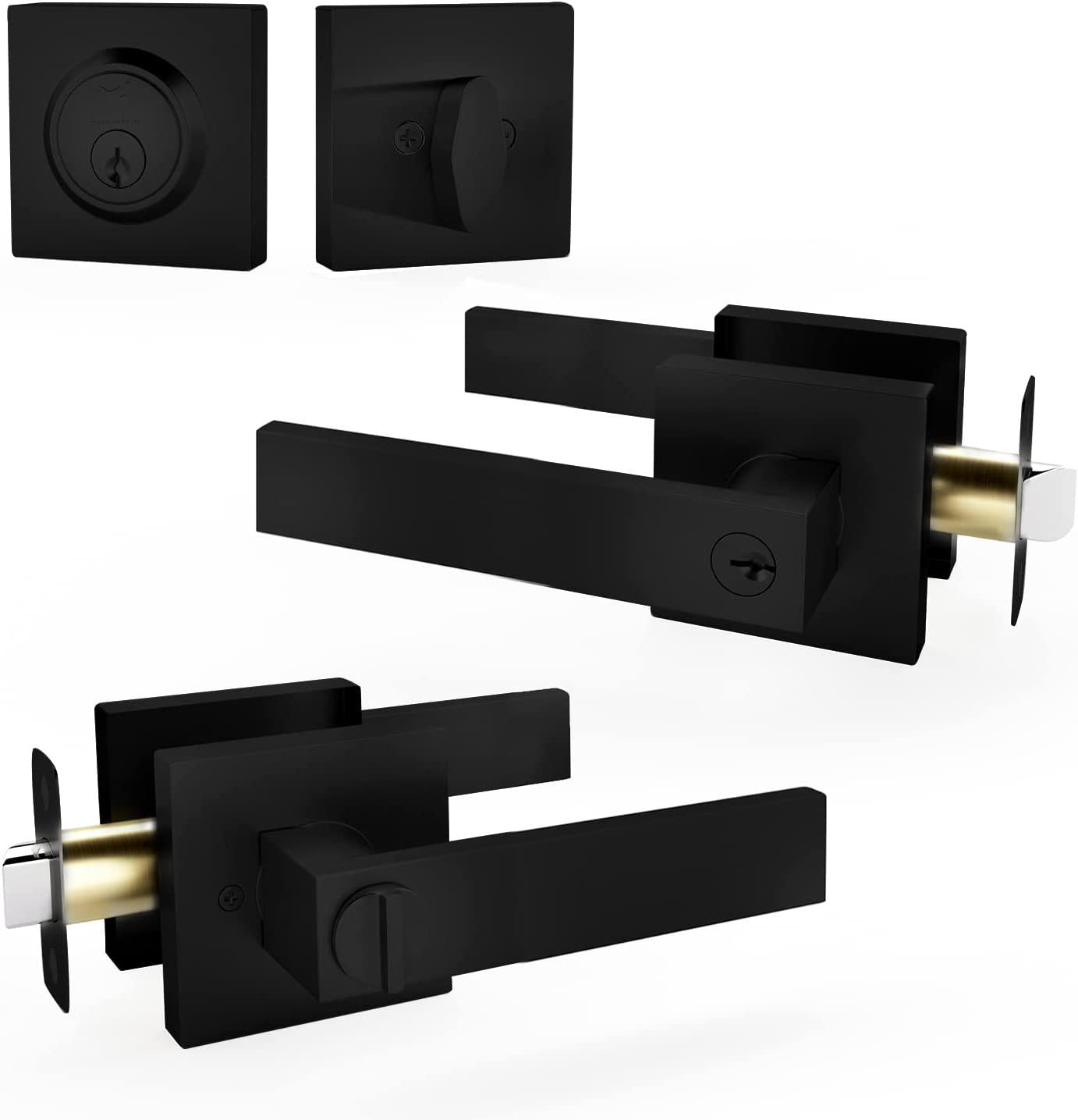 MEGA HANDLES, Entry Lever Door Handle and Single Cylinder Deadbolt Lock and Key Combo Pack - Heavy Duty Square Locking Lever Set for Left or Right-Handed Doors - Interior/Exterior Door Levers in Matte Black Finish