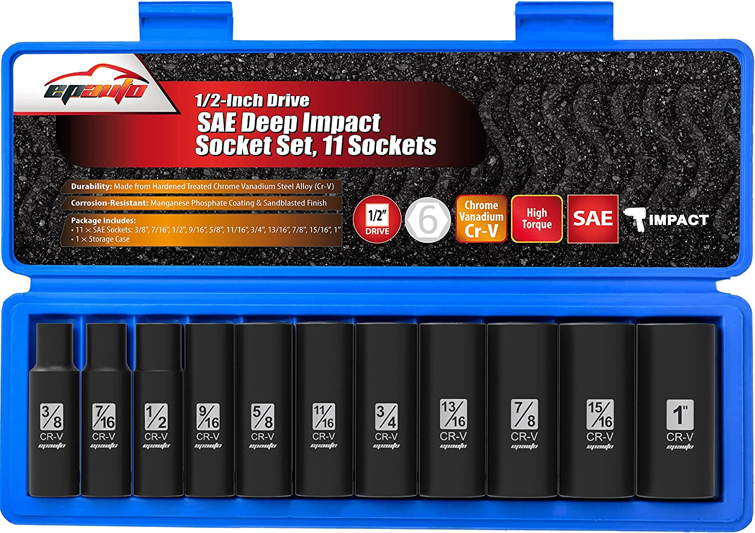 epauto, Epauto 1/2-Inch Drive SAE Deep Impact Socket Set, Cr-V, 6 Points, 11 Sockets