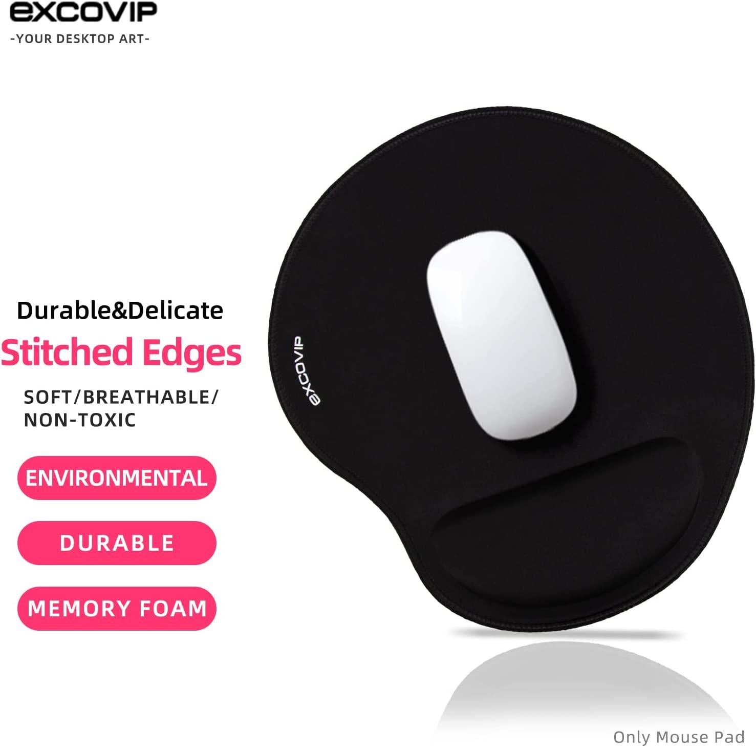 excovip, Ergonomic Stitched Edges Mouse Pad with Wrist Support -Excovip Smooth Surface Wrist Rest Mousepad, Black Mouse Mat with Non-Slip Rubber Base and Soft Memory Foam 9101