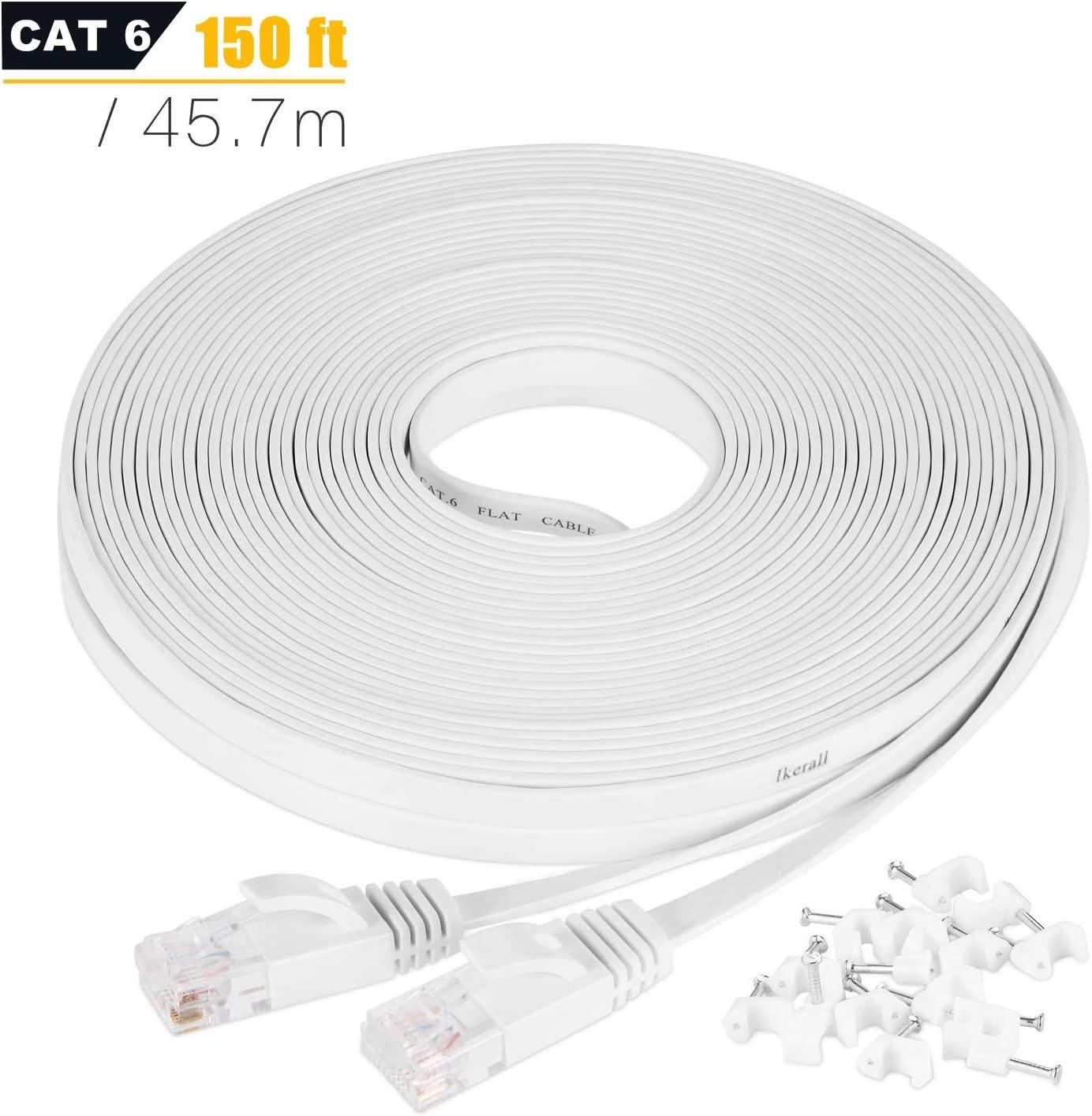 Ikerall, Ethernet Cable, 45M / 150ft Cat6 White Flat Network Internet Cord with Cable Clips - Ikerall RJ45 Connector High Speed Internet Cable 45 Meters (Faster Than Cat5e Cat5)