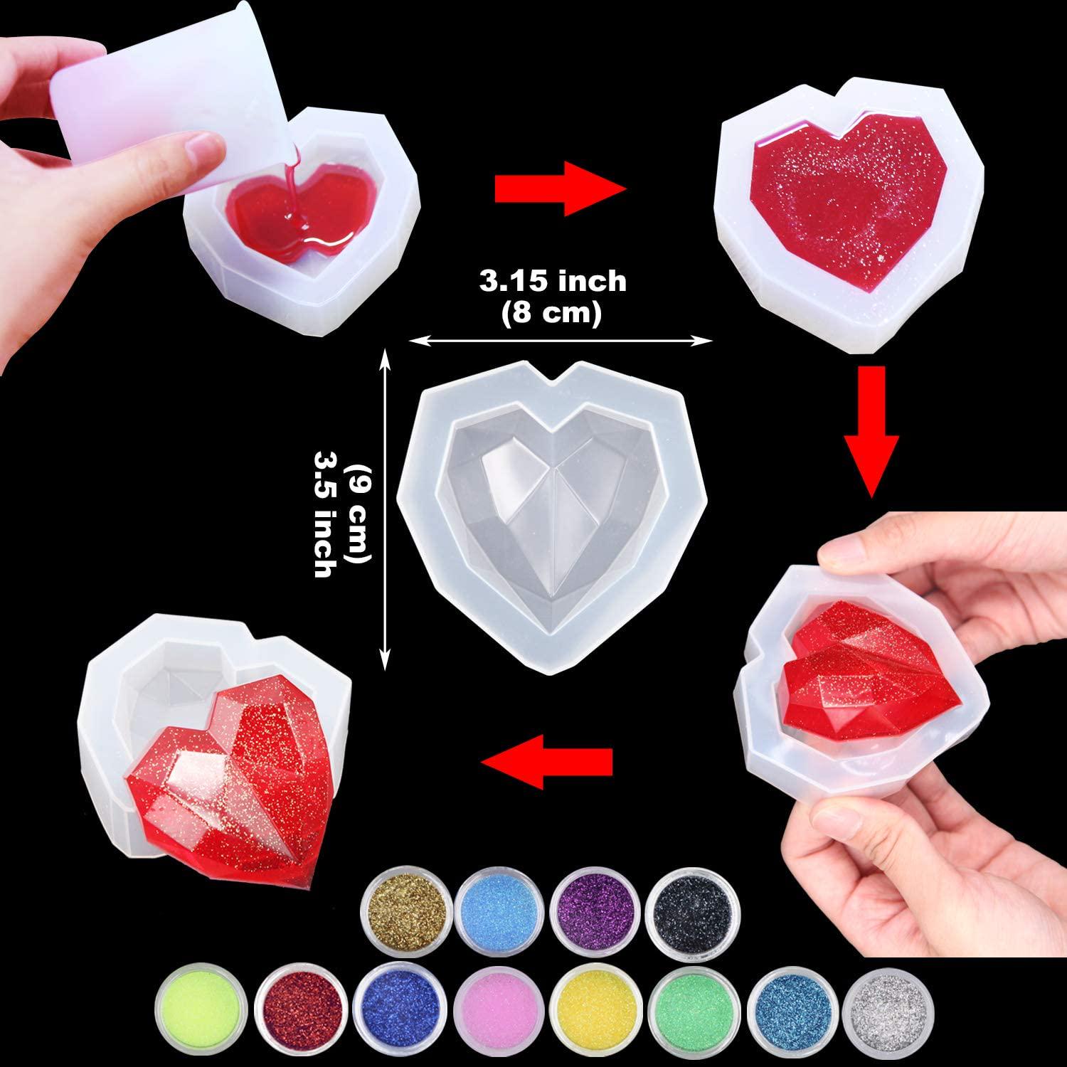 EuTengHao, EuTengHao 178Pcs DIY Casting Silicone Resin Molds Kit Contains Glitter Powder Jewelry Necklace Pendant Resin Molds Big 3D Heart Resin Mold Round Tray Silicone Mold with Making Tools Spoons Droppers