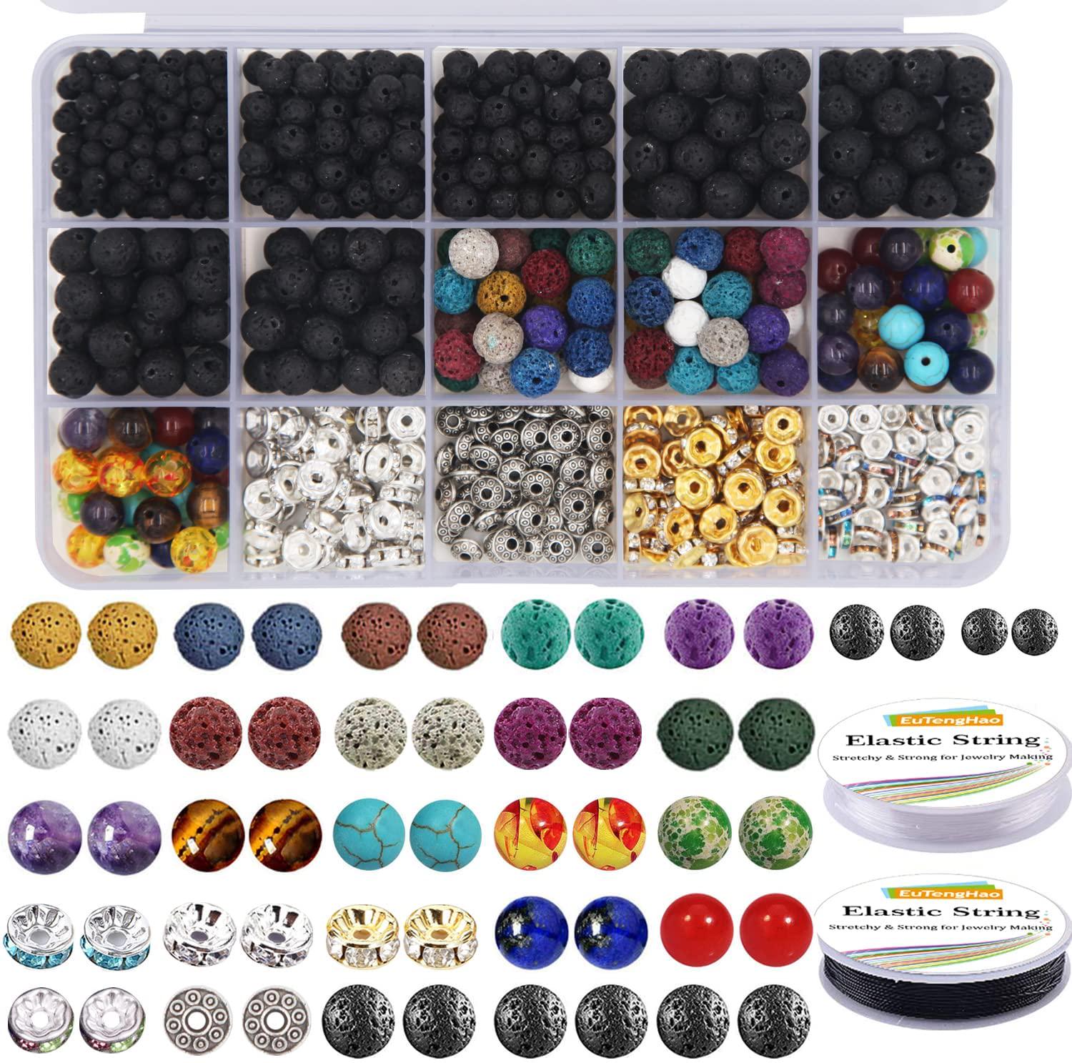 EuTengHao, EuTengHao 602Pcs Lava Beads Stone Kits with 8mm Chakra Beads and Spacers Beads Bracelet Elastic String for Diffuse Essential Oils Adult DIY Jewelry Making Supplies