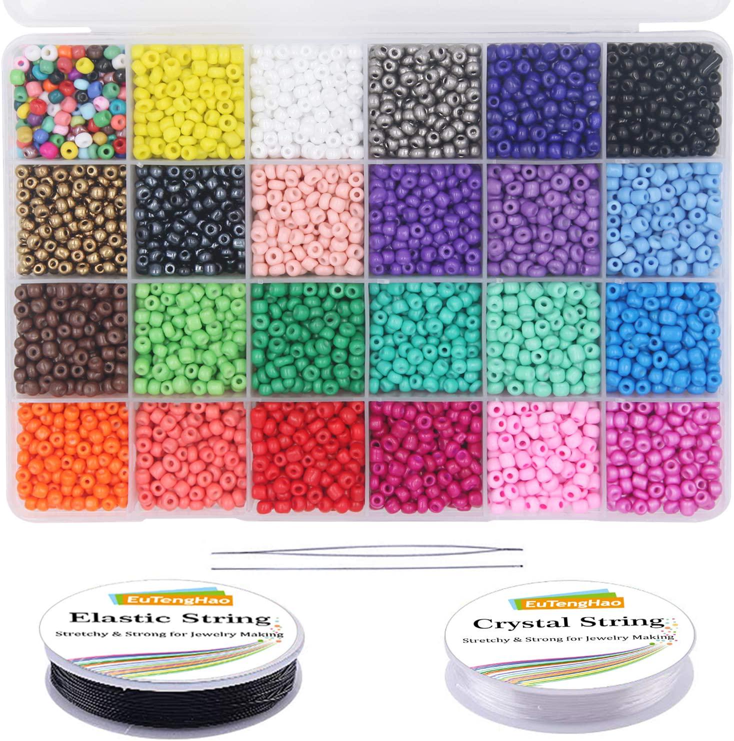 EuTengHao, EuTengHao 8400pcs Multicolor Glass Seed Beads Small Craft Beads Kit for DIY Bracelet Necklaces Handicrafts Earring Jewelry Making Supplies with Two Crystal String (4mm, 350Per Color, 24 Colors)