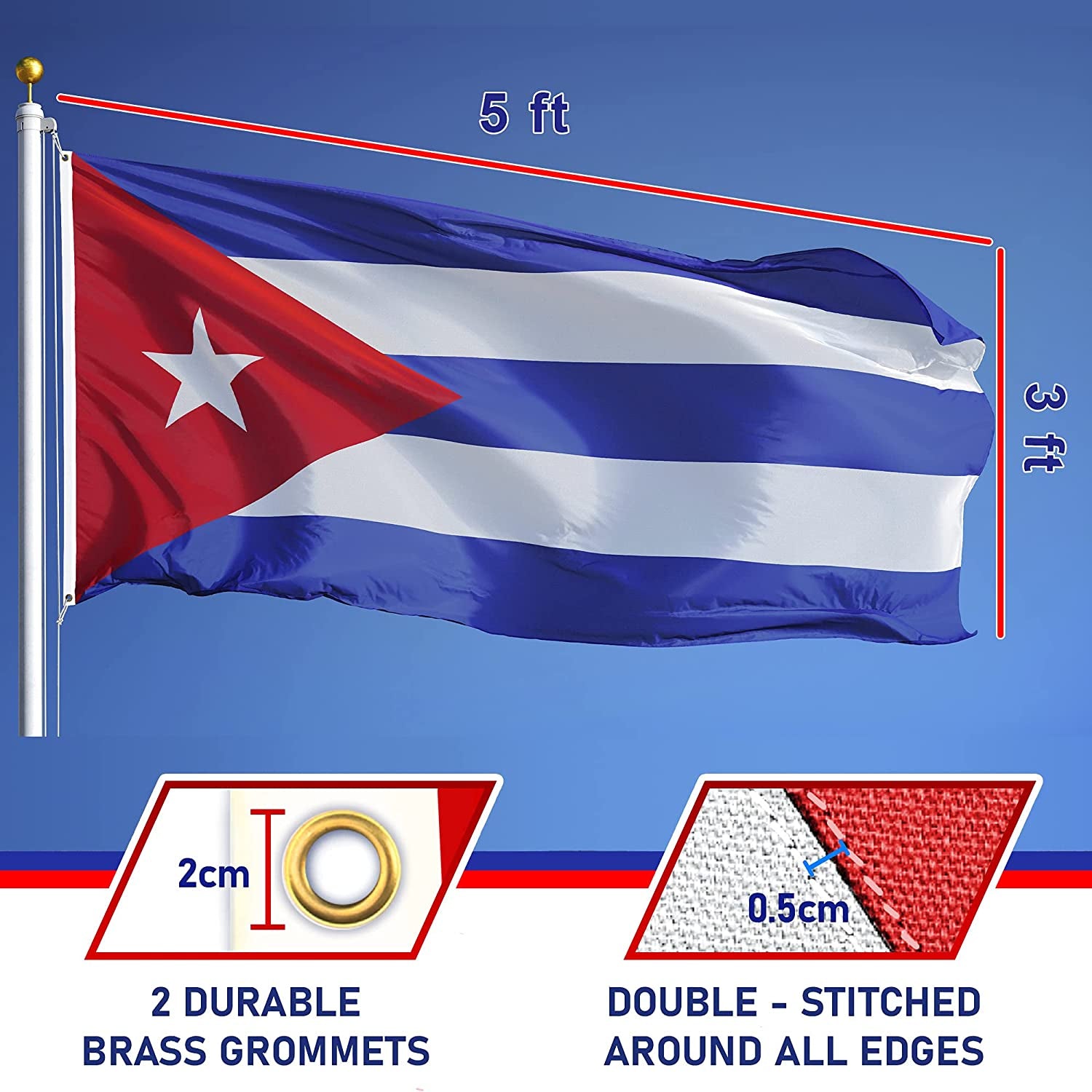 Eugenys, Eugenys Cuba Flag 3X5 Foot - Cuban National Flag Polyester -Bright Vivid Colors, Double Stitched, Durable Brass Grommets - Perfect Cuban Flags for Indoor / Outdoor