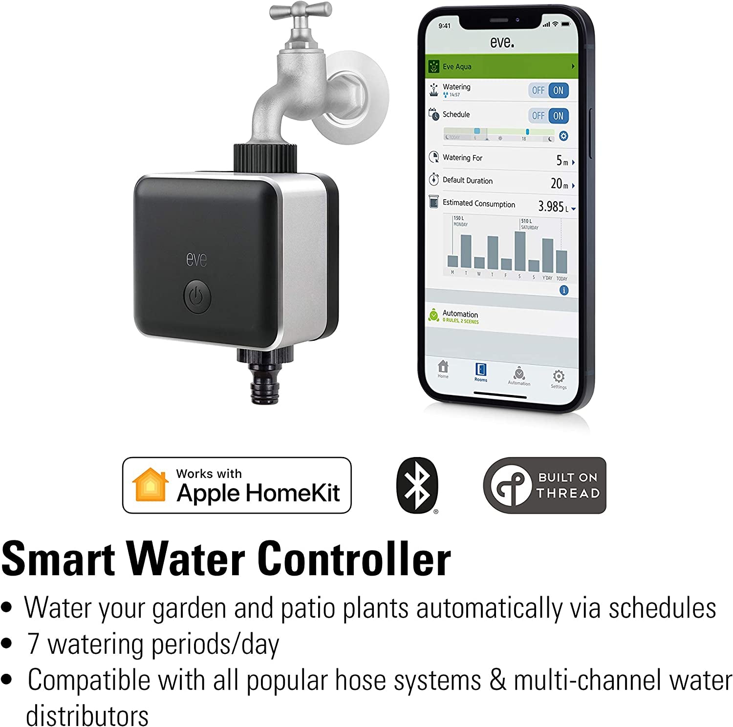 Eve, Eve Aqua – Smart Water Controller for Apple Home App or Siri, Irrigate Automatically with Schedules, Easy to Use, Remote Access, No Bridge, Bluetooth, Thread, Homekit