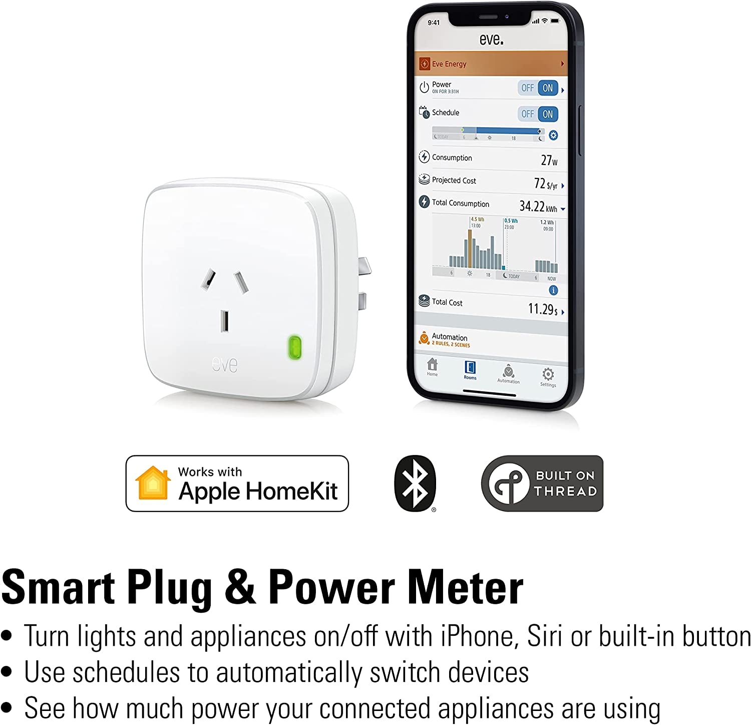 Eve, Eve Energy - Smart Plug & Power Meter with Built-In Schedules, Voice Control, No Bridge Needed, Apple Homekit, Bluetooth, Thread