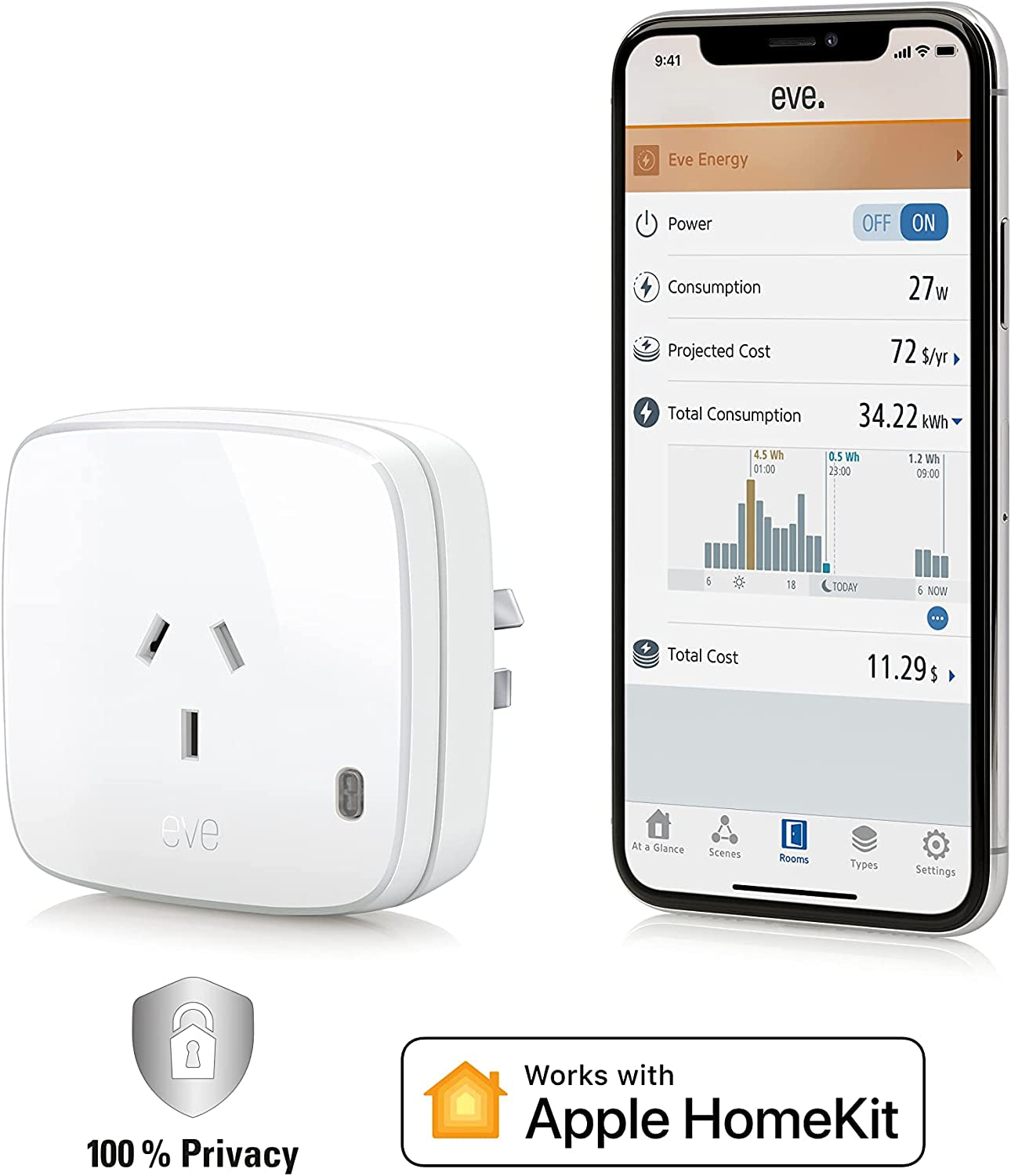 Eve, Eve Energy -Smart Plug and Power Meter, Switch a Connected Lamp or Device on and Off, Voice Control, No Bridge Needed, Bluetooth Low Energy, Apple Homekit