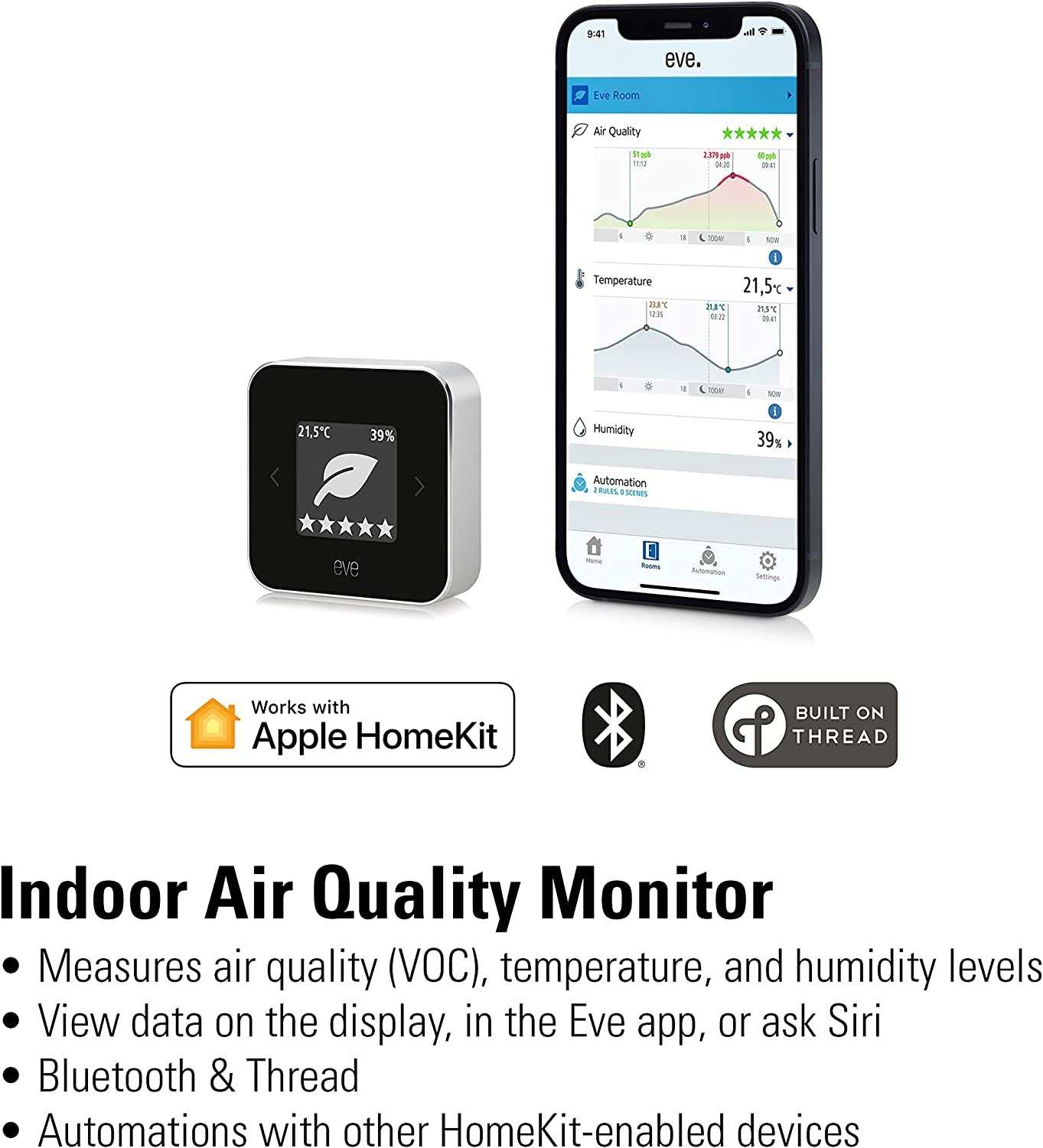 Eve, Eve Room - Indoor Air Quality Sensor to Monitor Air Quality (VOC), Temperature and Humidity, Apple Homekit Technology, Bluetooth, Thread
