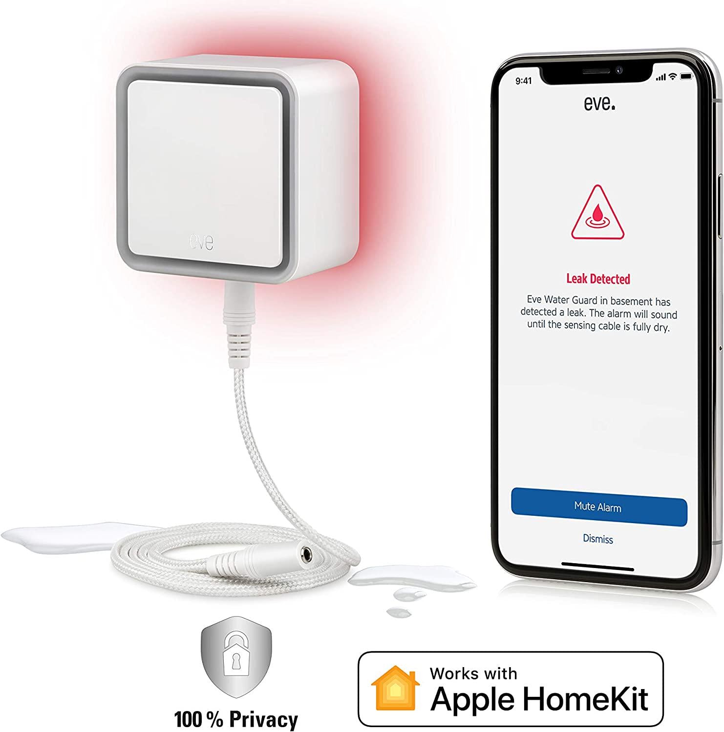 Eve, Eve Water Guard - Smart Home Water Leak Detector, 2m Sensing Cable (extendable), 100dB Siren, Water-Leak Alert on iPhone, iPad, Apple Watch (Apple HomeKit)