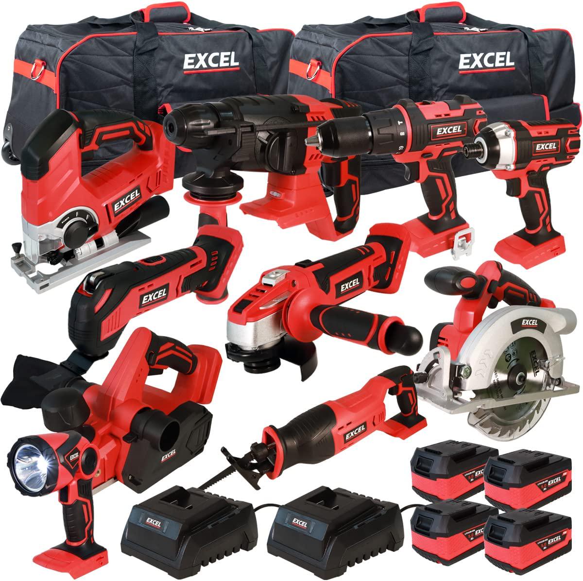 Excel, Excel 18V 10 Piece Cordless Li-ion Power Tool Kit with 4 x 5.0Ah Batteries and Charger in Bag EXL13231KIT - Monster Power Tool Kit - Combo Kit - 18V Cordless Power Tool Kits - Mega Power Tool